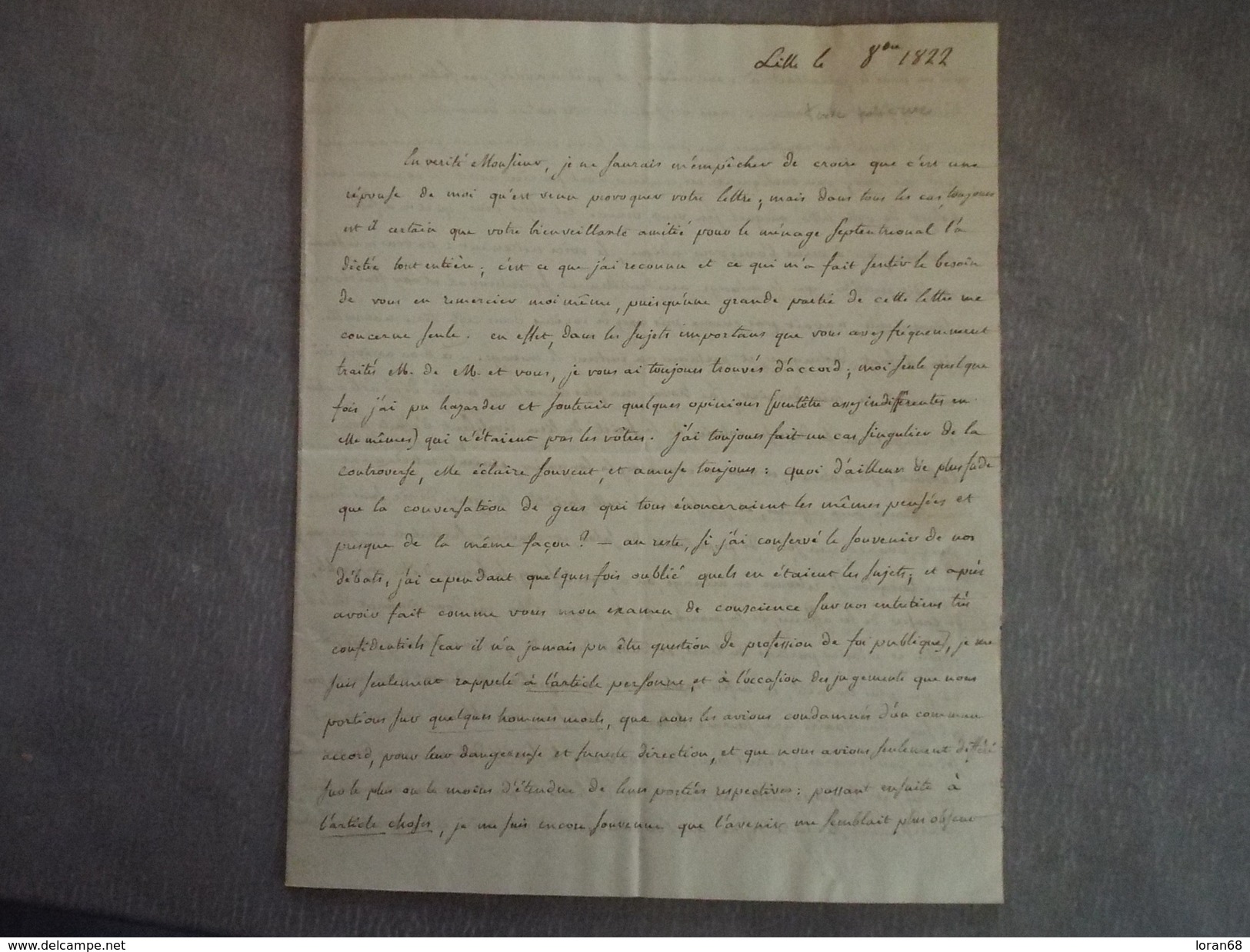 Lettre De La Villatelle De Murat - Lille Octobre 1822 - à Joseph François De Kergariou (pair De France) - Documents Historiques