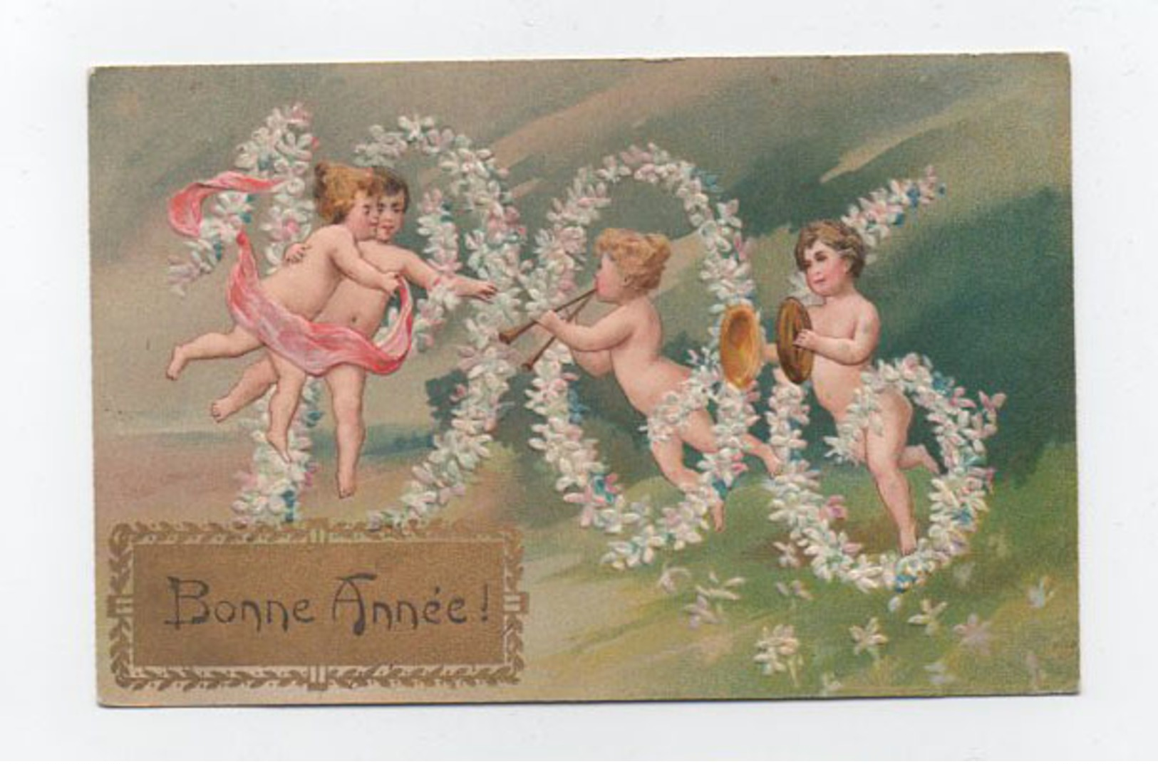 Bonne Année - Anges Musiciens - Guirlandes De Fleurs 1906  Gaufré Doré - Nouvel An