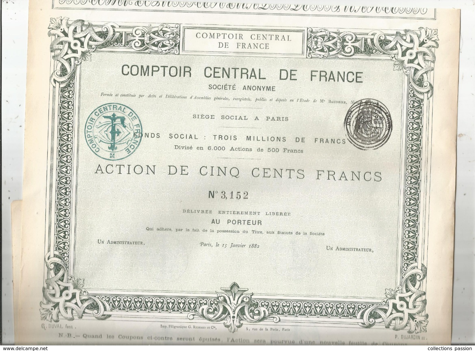 ACTION DE CINQ CENTS FRANCS , COMPTOIR CENTRAL DE FRANCE , 1882 , 6000 Actions , Frais Fr :1.95&euro; - Altri & Non Classificati