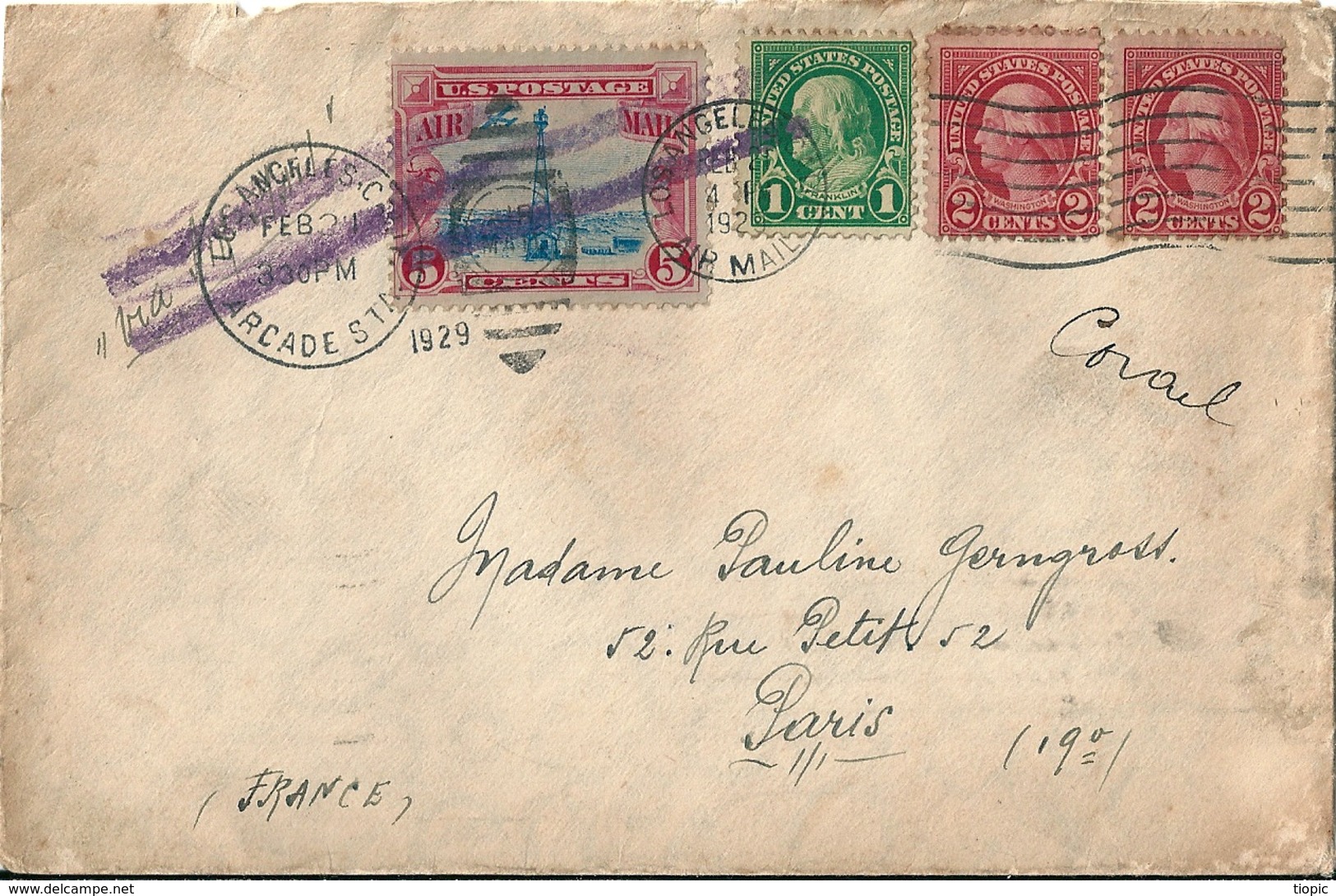 - Enveloppe  - Cachet Au Départ De LOS ANGELES  ( U.S.A )   EN  1920   à  Destination De  PARIS      £ - Autres - Amérique