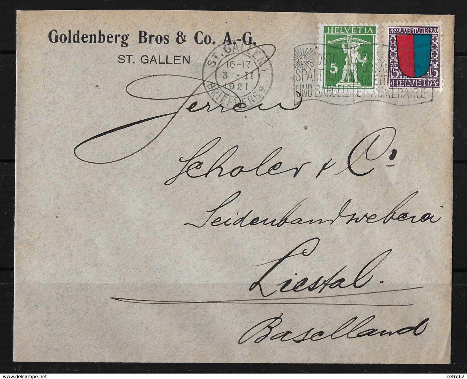 PRO JUVENTUTE &rarr; Brief Goldberg Bros & Co. A.-G. ST.GALLEN &#x25BA;SBK-125 Typ3 & J17, LIESTAL 4.II.21&#x25C4; - Lettres & Documents