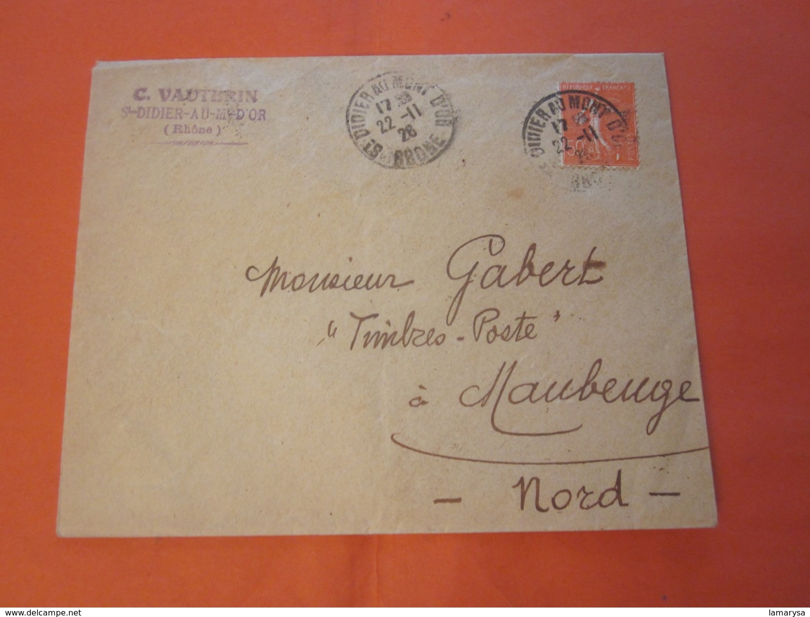 Timbre Europe  France  Marcophilie Timbre Semeuse Lignée Seuls Sur Lettre 50c 1921-1960: Période Moderne-  Maubeuge - 1921-1960: Periodo Moderno