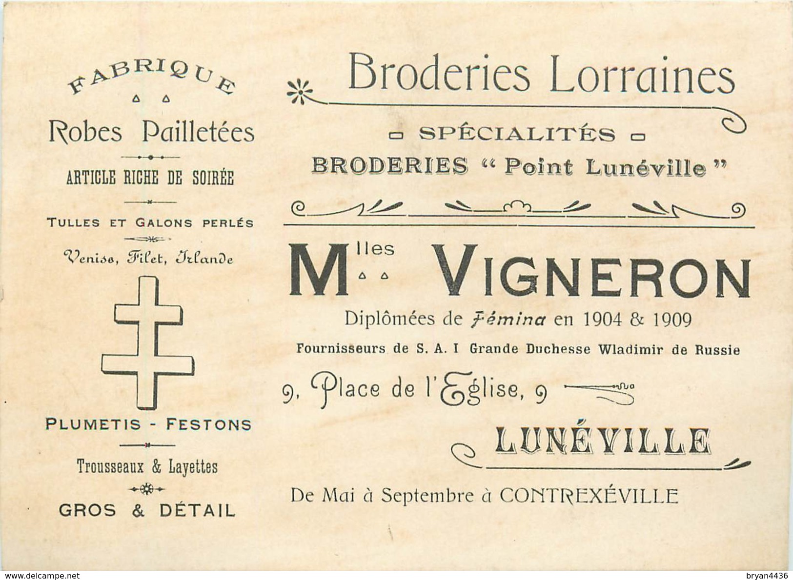 54 - LUNEVILLE - BRODERIES LORRAINES - FABRIQUE 'Mlles. VIGNERON" - CARTE COMMERCIALE ANCIENNE (9 X 12 Cm) - TBE. - Luneville