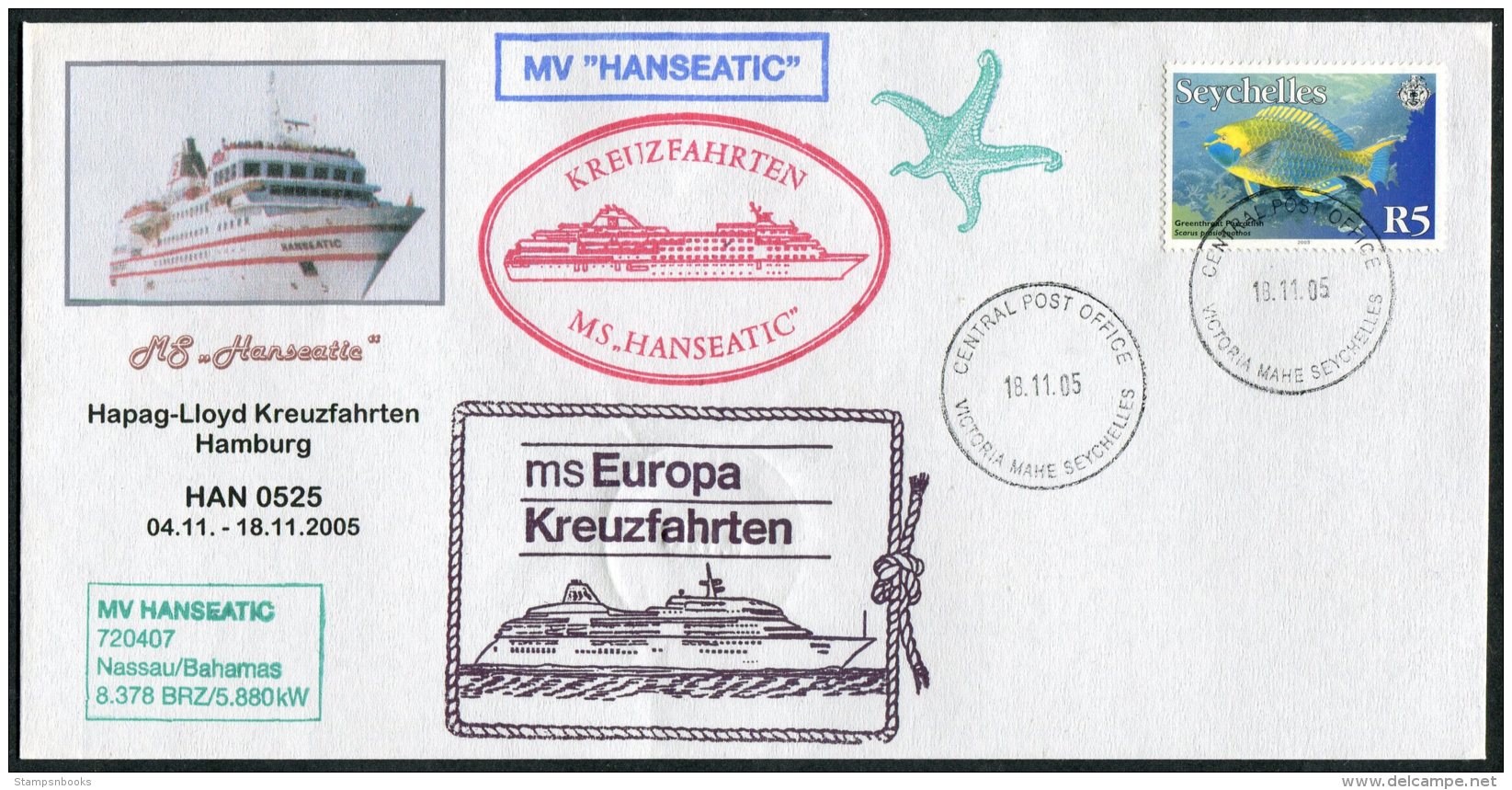 2005 MS Hanseatic Ship Cover. Seychelles Victoria Mahe Salalah La Digue - Seychelles (1976-...)