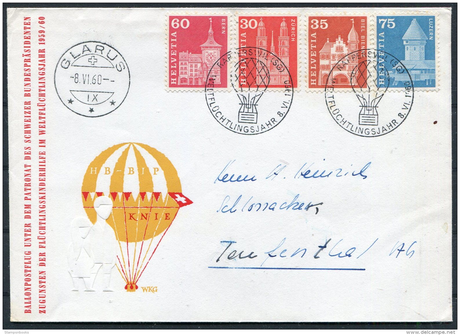 1960 Switzerland Ballon Flugpost Cover. Rapperswil Glarus Flight - Covers & Documents