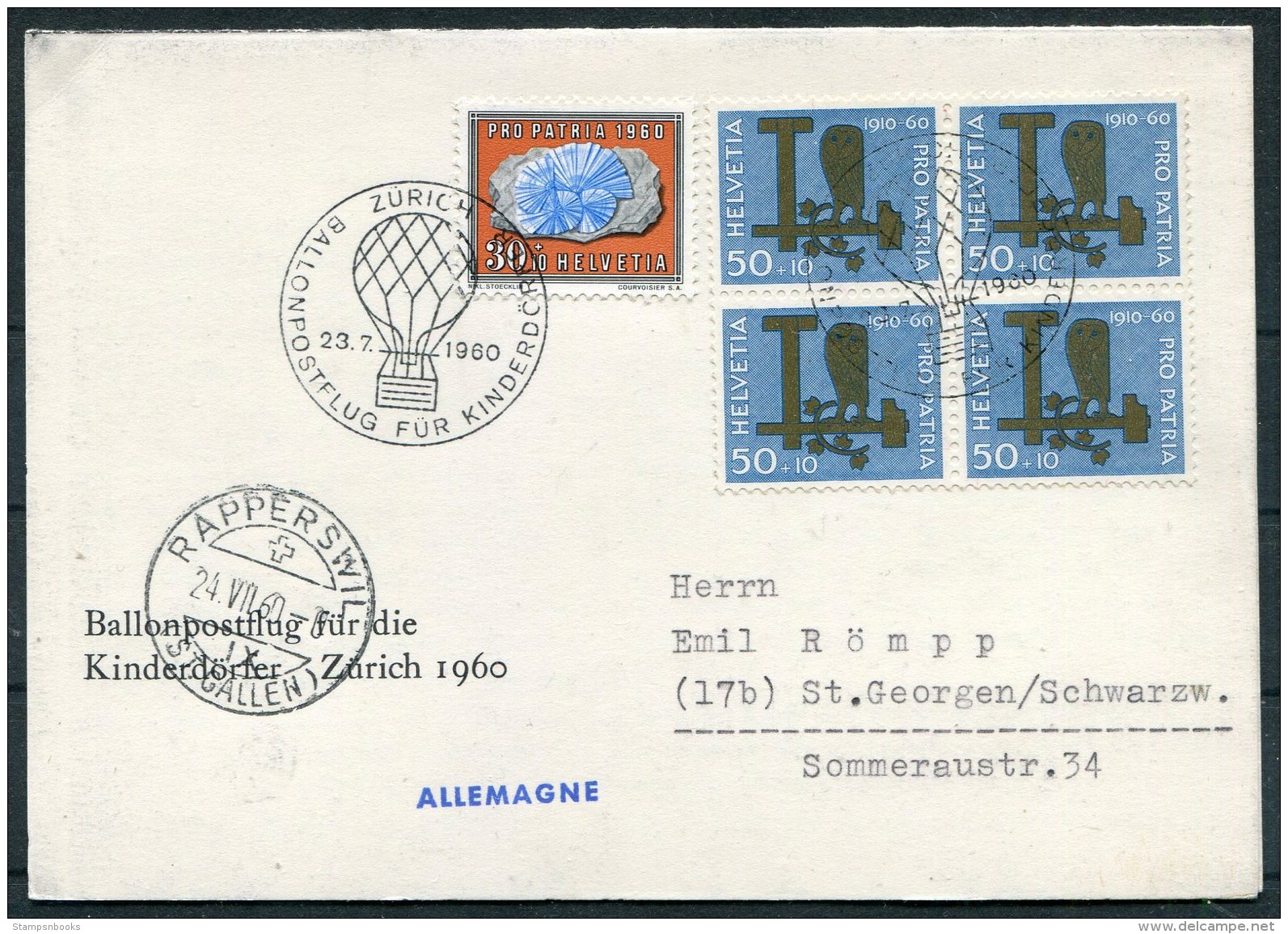 1960 Switzerland Ballon Flugpost Card. Zurich Rapperswil Kinderdorfer Charity Pro Patria Owl Flight - Covers & Documents