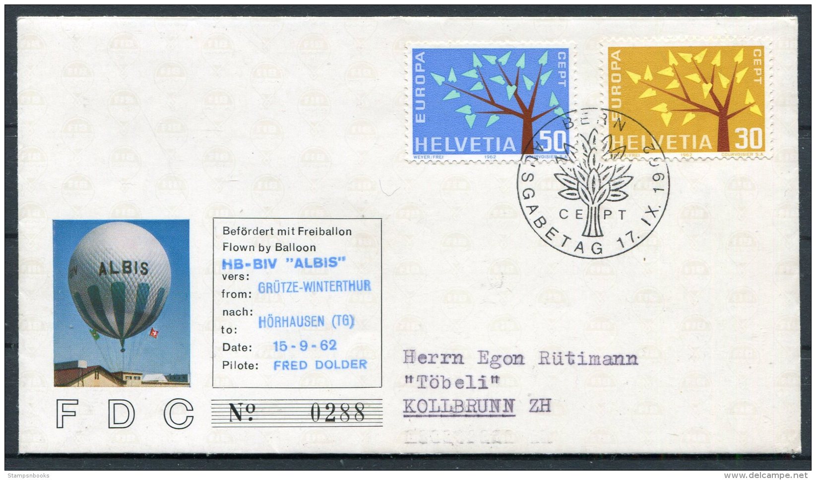 1962 Switzerland Ballonflug Balloon Flight Cover. Bern Europa ALBIS Grutze Winterthur Horhausen - Covers & Documents