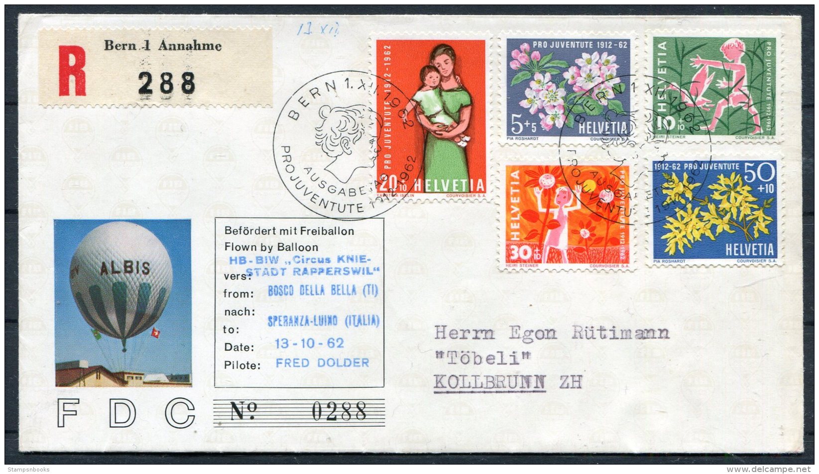 1962 Switzerland Ballonflug Balloon Flight Reg. Cover. Bern Pro Juventute, Bosco Della Bella - Speranza Italy Rapperswil - Covers & Documents