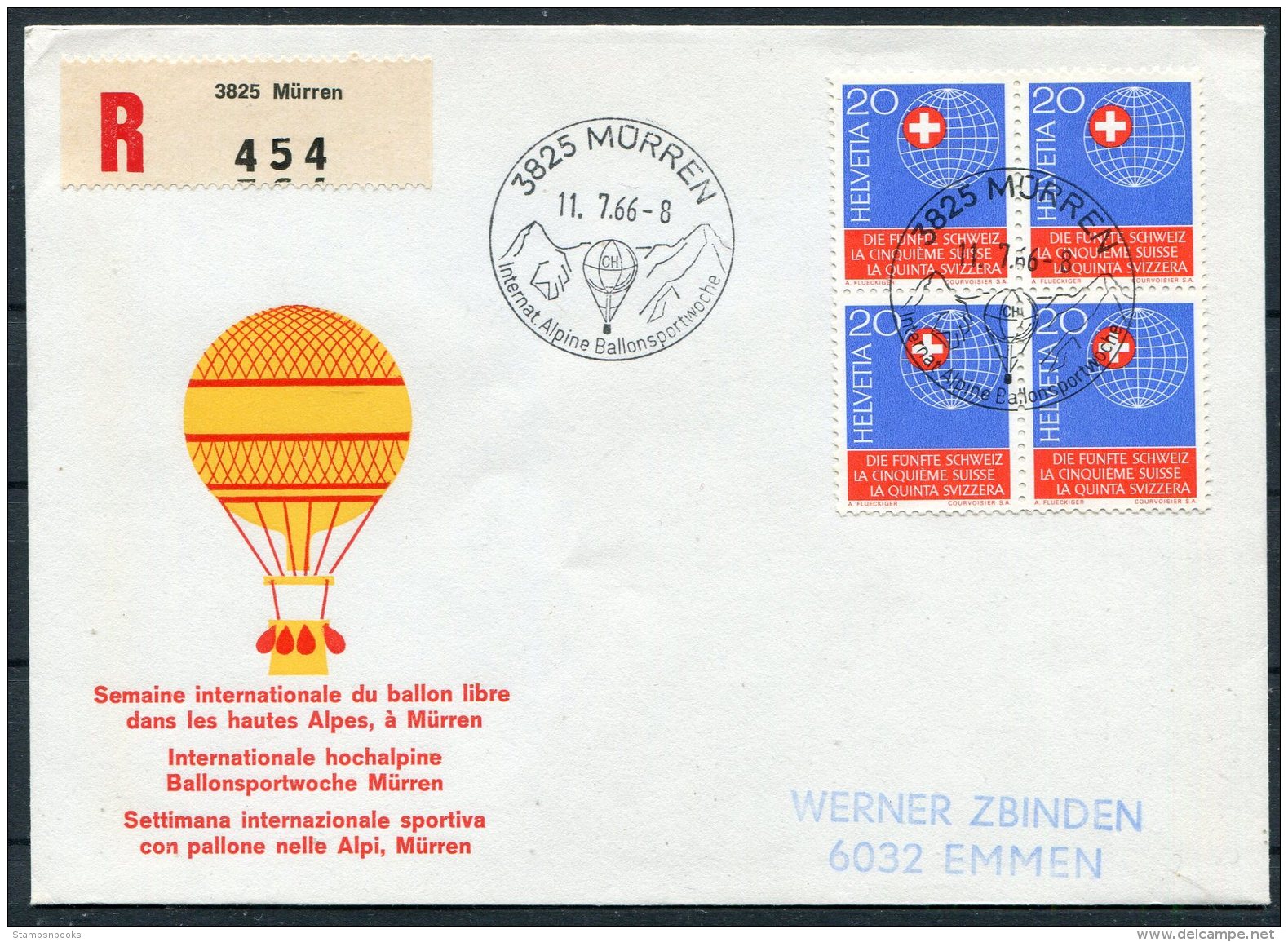 1966 Switzerland Ballonflug Balloon Flight Registered Cover. Murren International Alpine Sports Week - Covers & Documents