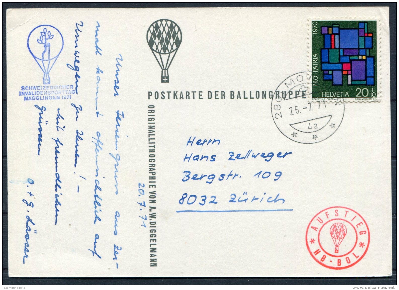 1971 Switzerland Ballonflug Balloon Flight Postcard. Swiss Disabled Sports Magglingen - Covers & Documents