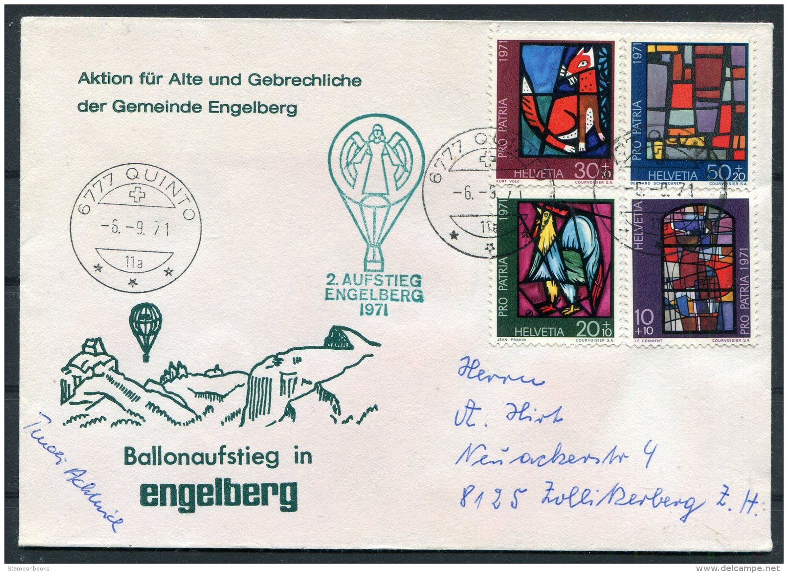 1971 Switzerland Ballonflug Balloon Flight. Quinto Engelberg Pro Patria Signed Angel Cover - Covers & Documents