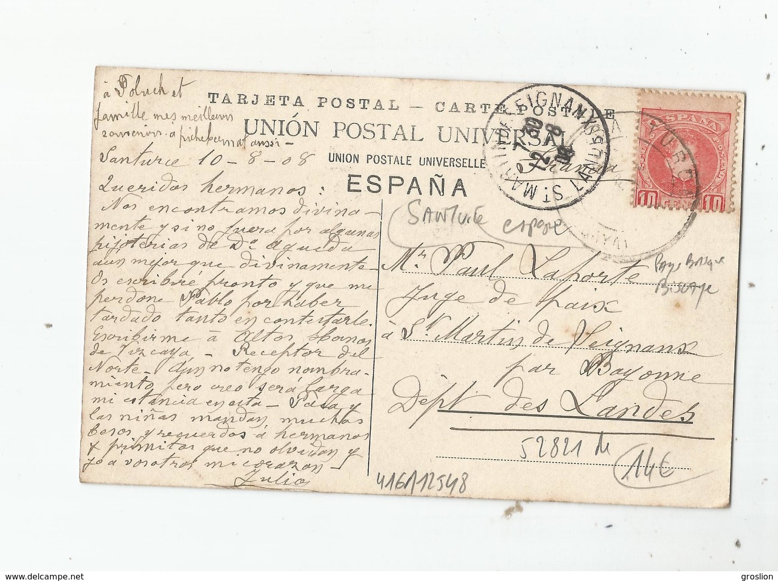 SANTURCE 16688 B 12  (BATEAUX)         1908 - Vizcaya (Bilbao)