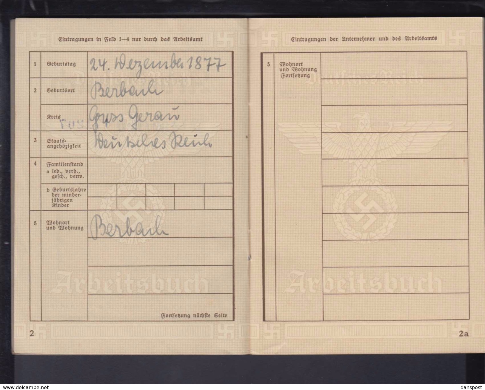 Deutsches Reich Arbeitsbuch Arbeitsamt Mainz Nebenstelle Rüsselsheim 12.2.1943 Super Zustand! - Historische Dokumente
