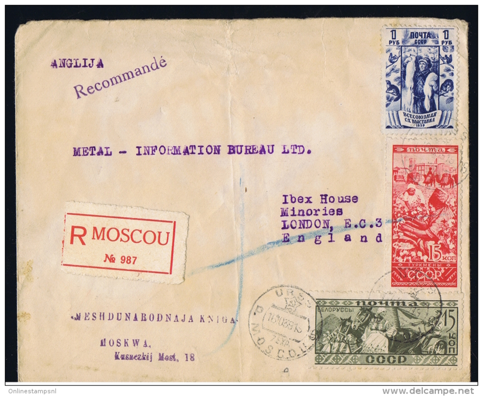 Registered Cover 16-10-1939 Moscow To London UK, With Michel 440 + 442 + 708. - Covers & Documents