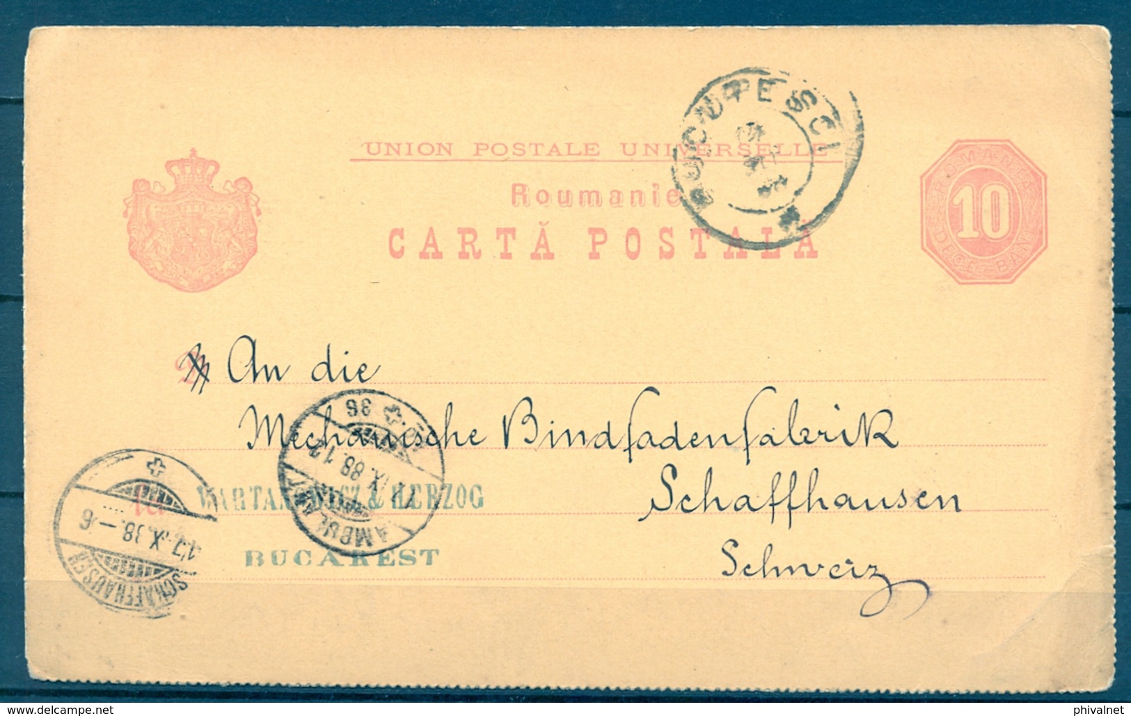 1888 , RUMANIA , ENTERO POSTAL CIRCULADO ENTRE BUCAREST Y SCHAFFHAUSEN , TRANS. AMBULANTE , LLEGADA - Cartas & Documentos