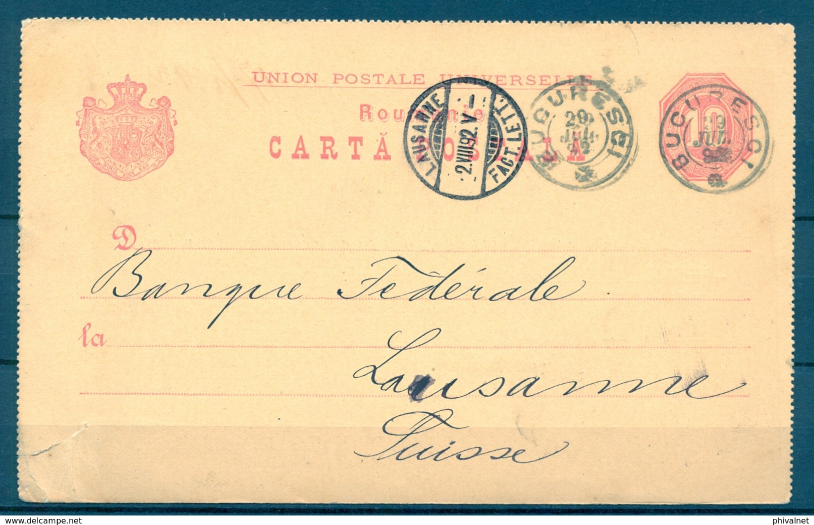 1892 , RUMANIA , ENTERO POSTAL CIRCULADO ENTRE BUCAREST Y LAUSANA , LLEGADA - Lettres & Documents