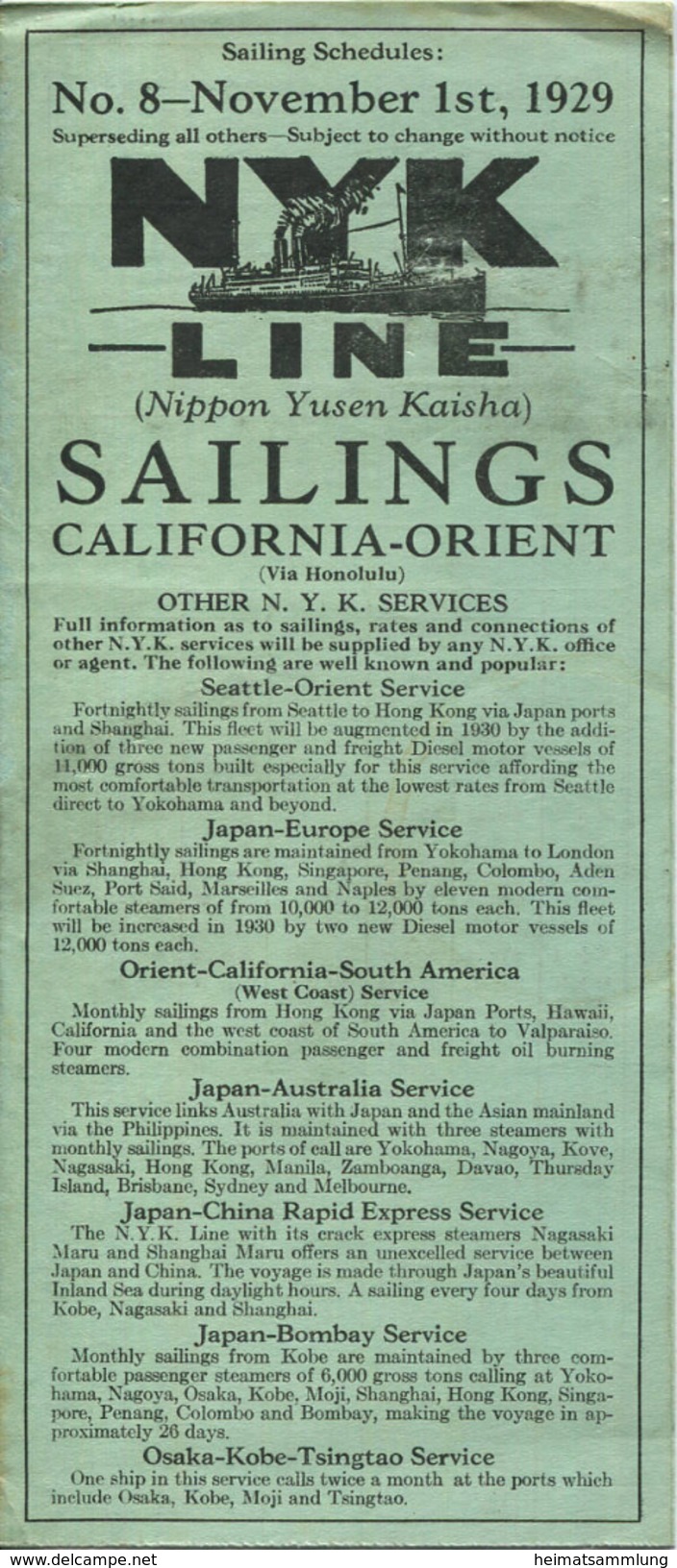 NYK Line (Nippon Yusen Kaisha) Sailings California-Orient 1929 - Fahrplan Von Jannuar 1930 Bis Dezember 1930 - Wereld