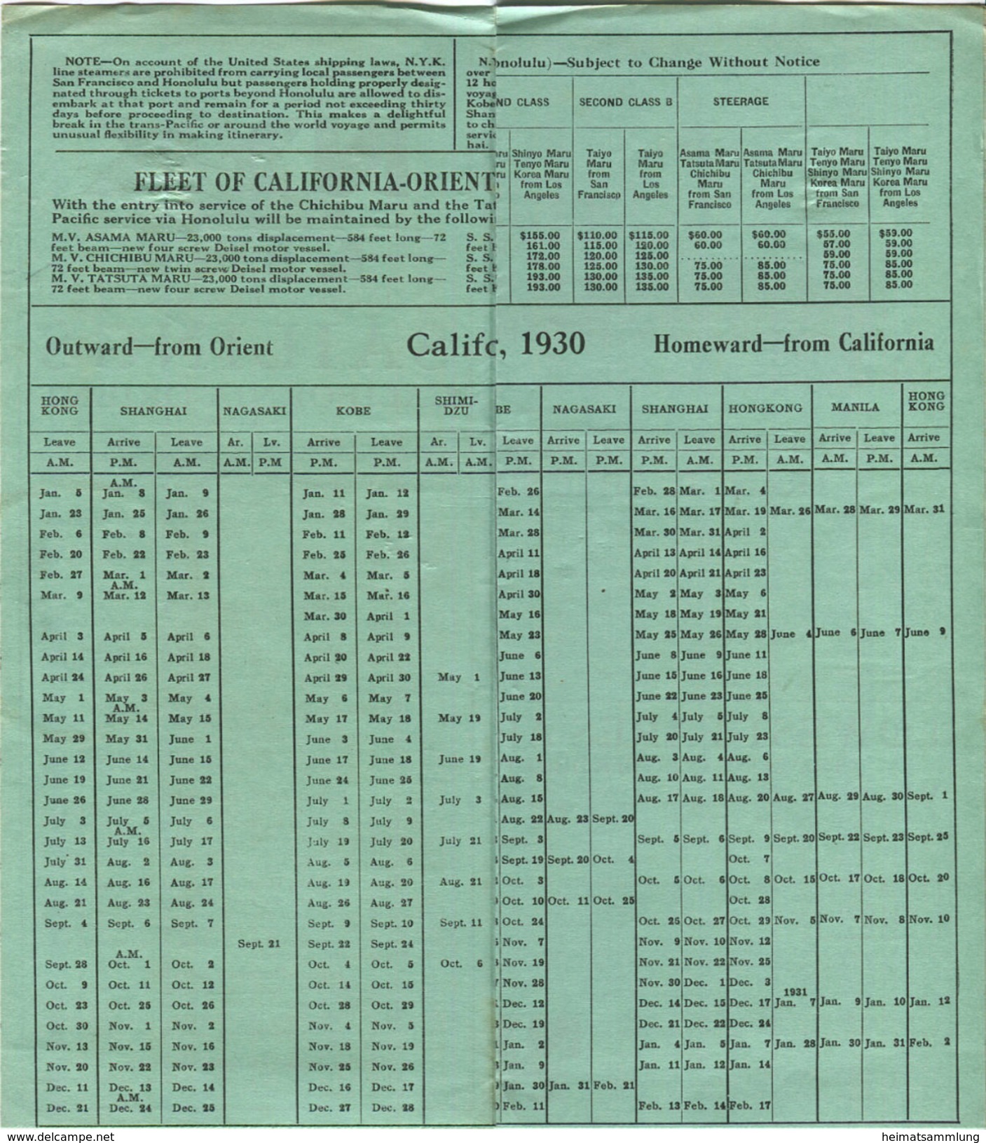 NYK Line (Nippon Yusen Kaisha) Sailings California-Orient 1929 - Fahrplan Von Jannuar 1930 Bis Dezember 1930 - Monde