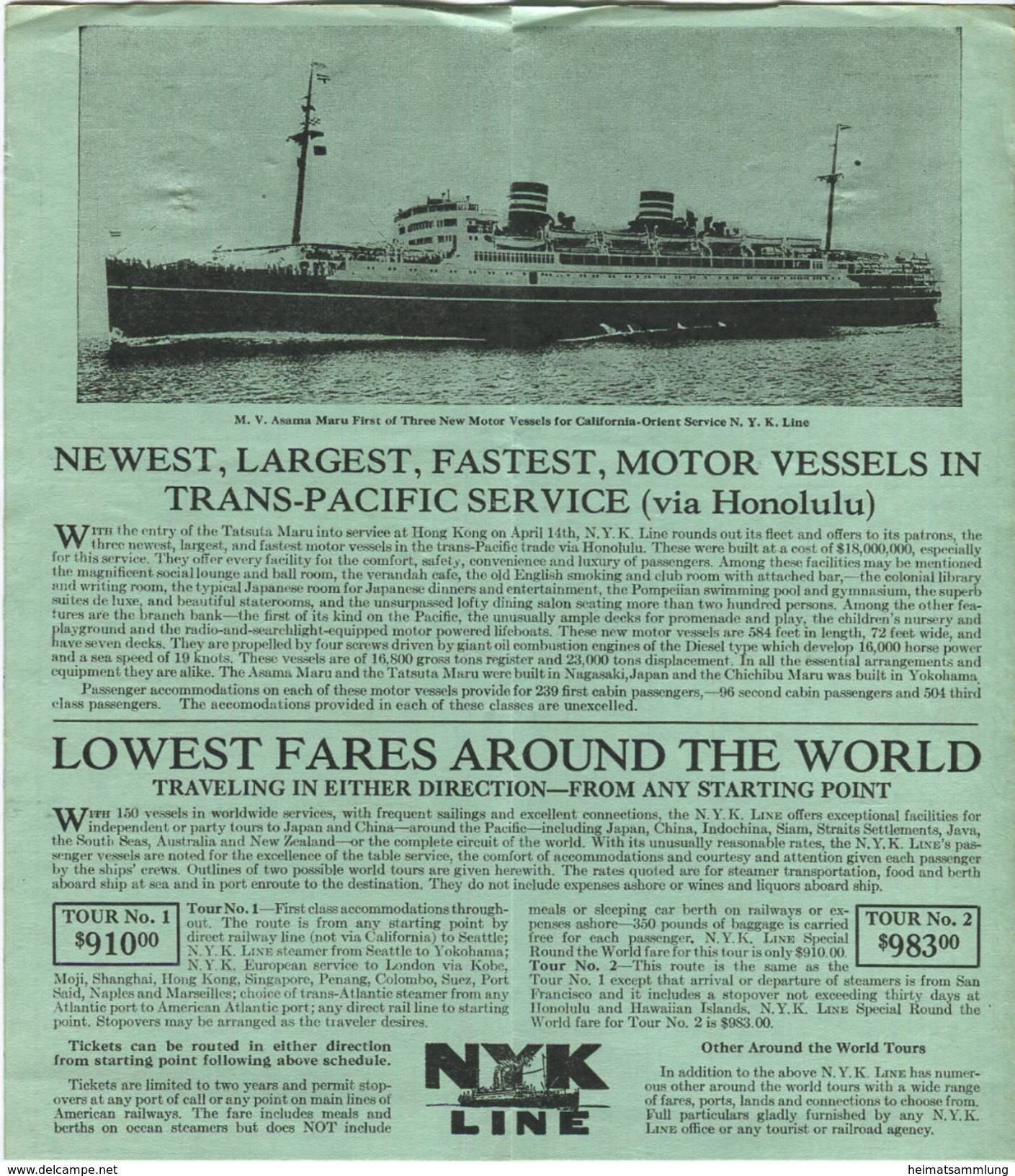 NYK Line (Nippon Yusen Kaisha) Sailings California-Orient 1929 - Fahrplan Von Jannuar 1930 Bis Dezember 1930 - Welt