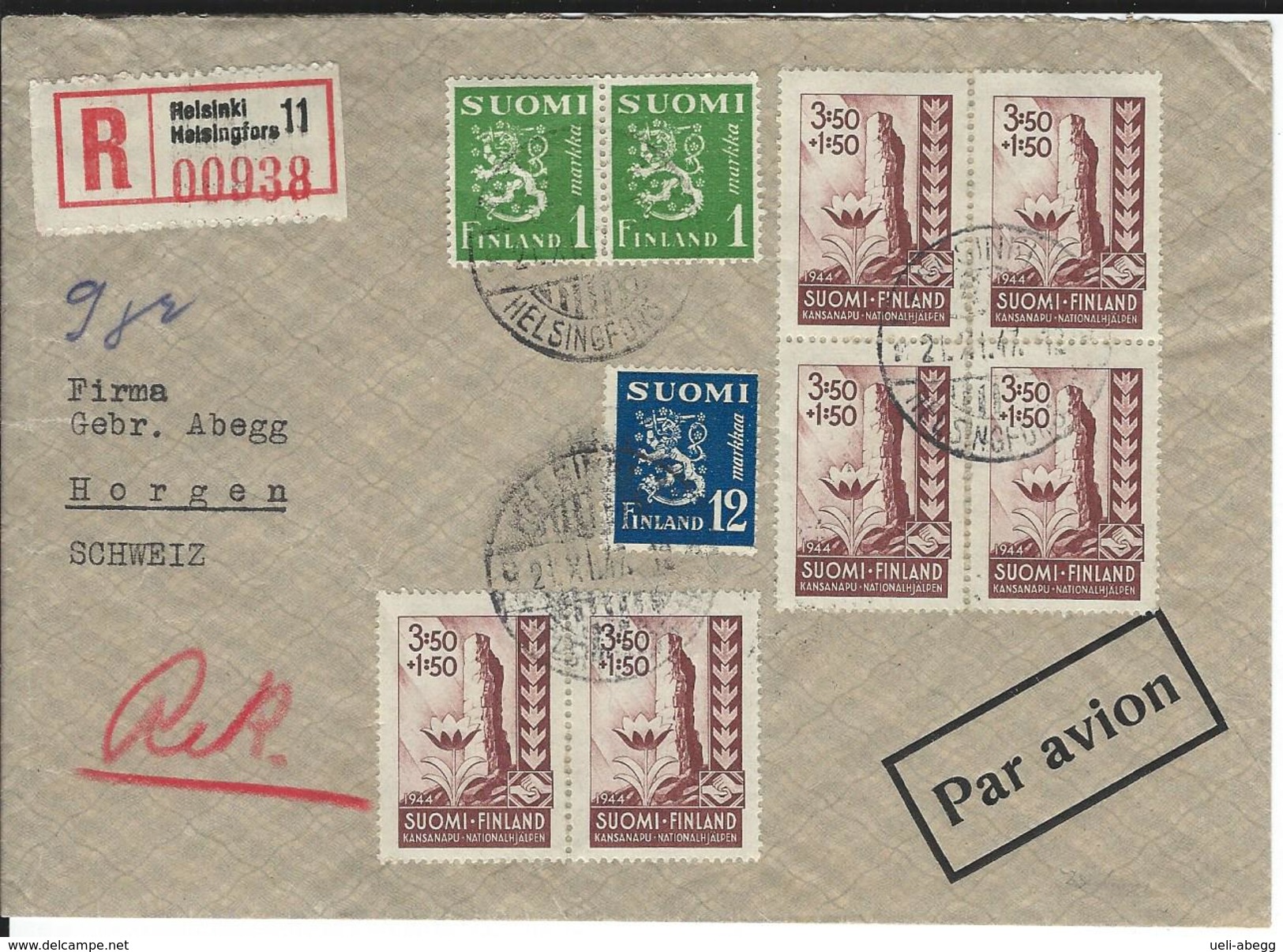 R-Brief Helsinki 21.11.47 Nach Horgen CH - Storia Postale