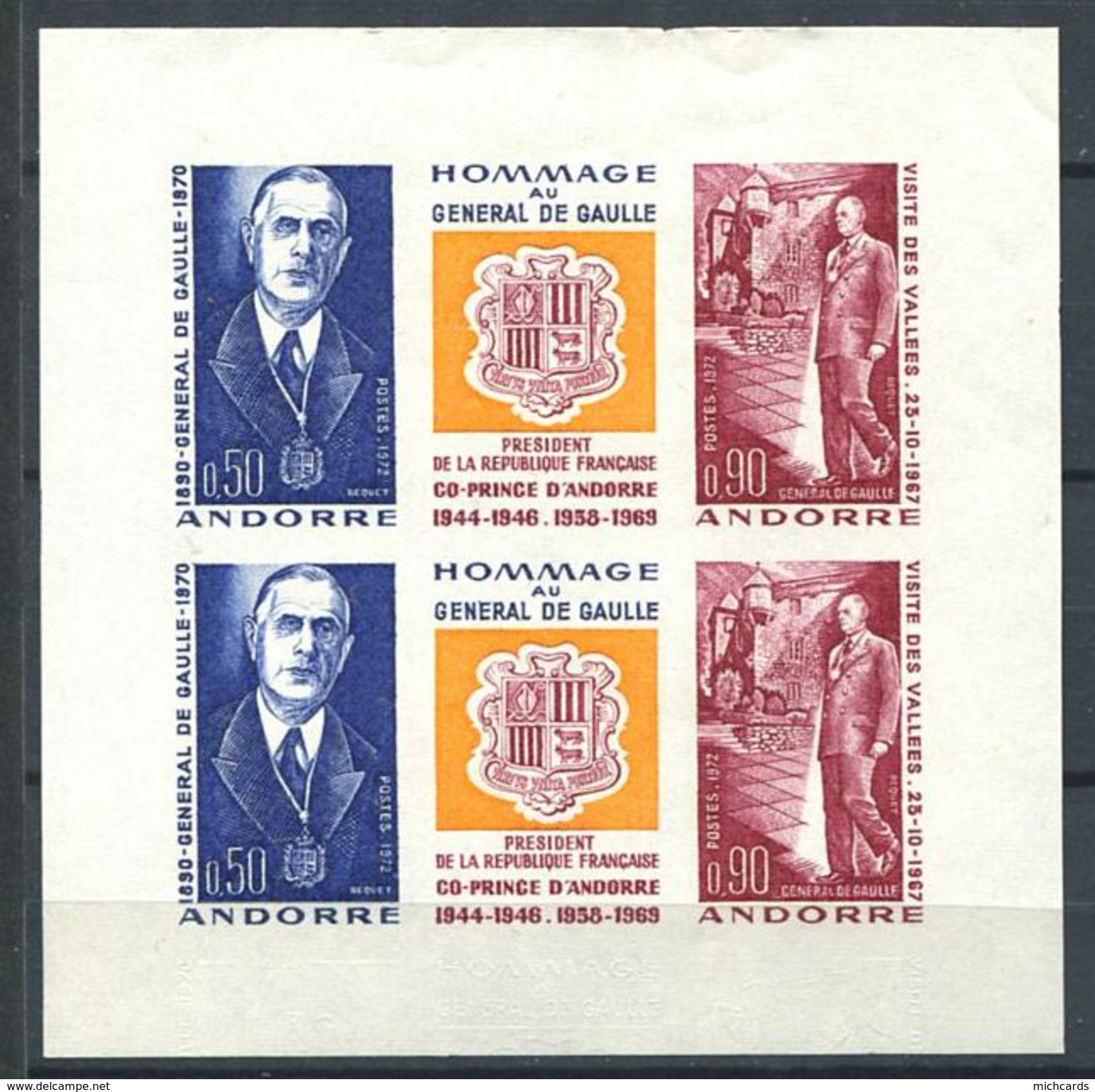 156 ANDORRE (France) 1972 - Yvert 225 A BF Non Dentele - General De Gaulle - Neuf ** (MNH) Sans Trace De Charniere - Nuevos