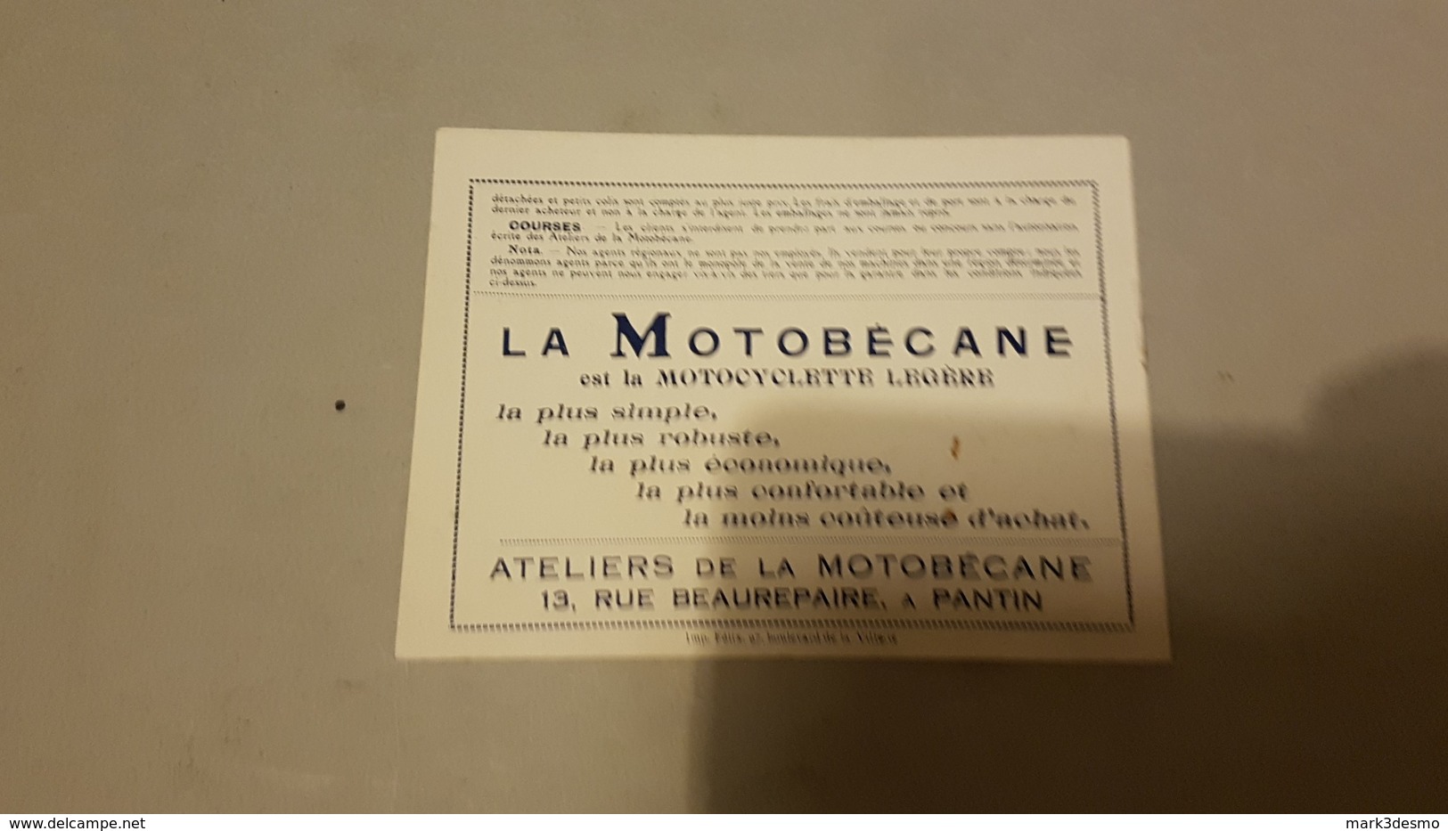 Motobécane 175cc MB1 1925 Originale Epoca Anteguerra - Genuine Motorcycle Pre-war Photo - Publicités