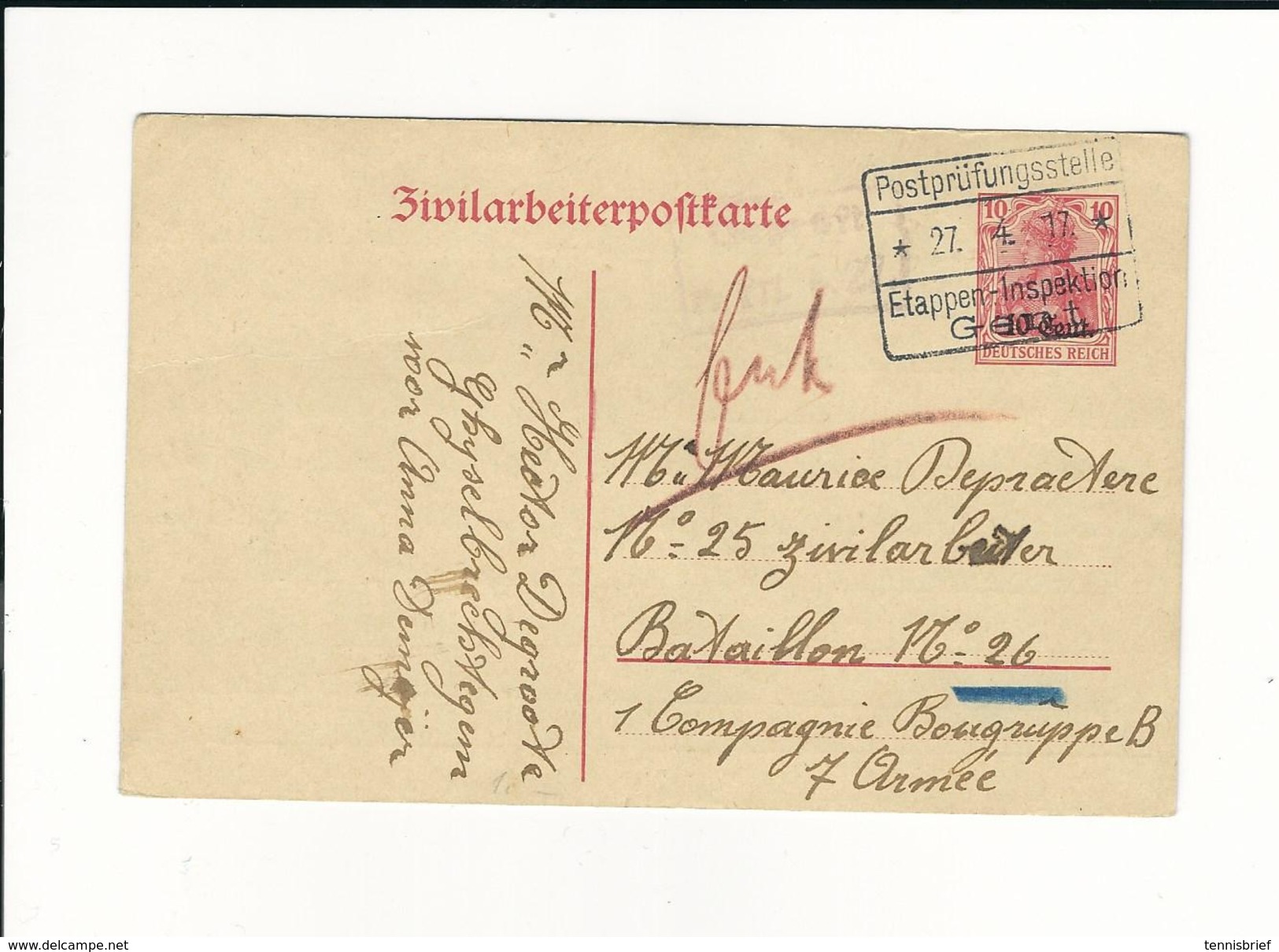 Etapes, 1917 , Zivilarbeiterpostkarte , Gent #6461 - OC26/37 Territoire Des Etapes