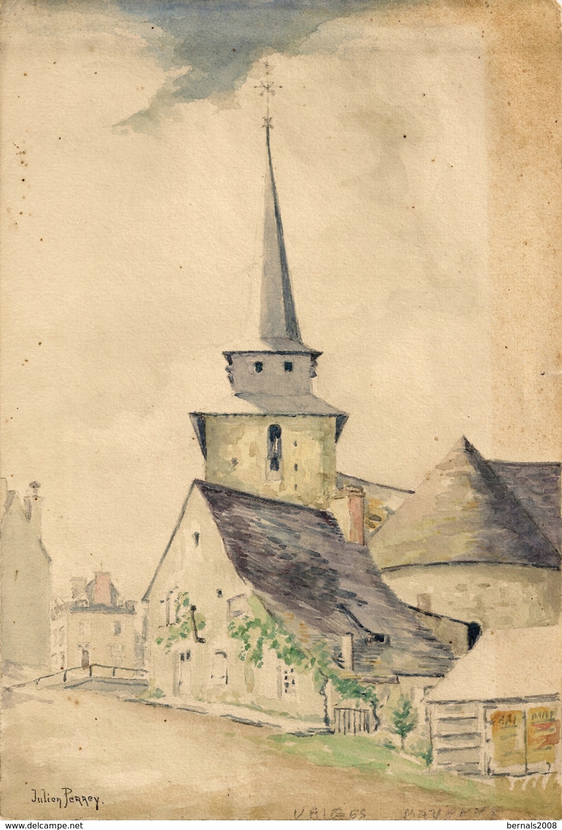 Autographe Artiste Peintre - Village De Mayenne 53 - église De VAIGES 1924- JULIEN PERREY - 26 X 17,5 Cm - Aquarelles