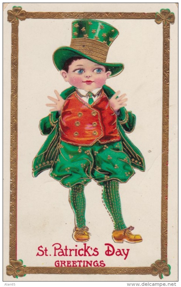 St Patricks Day Greetings, Boy Dressed In Green, C1910s Vintage Postcard - Saint-Patrick's Day