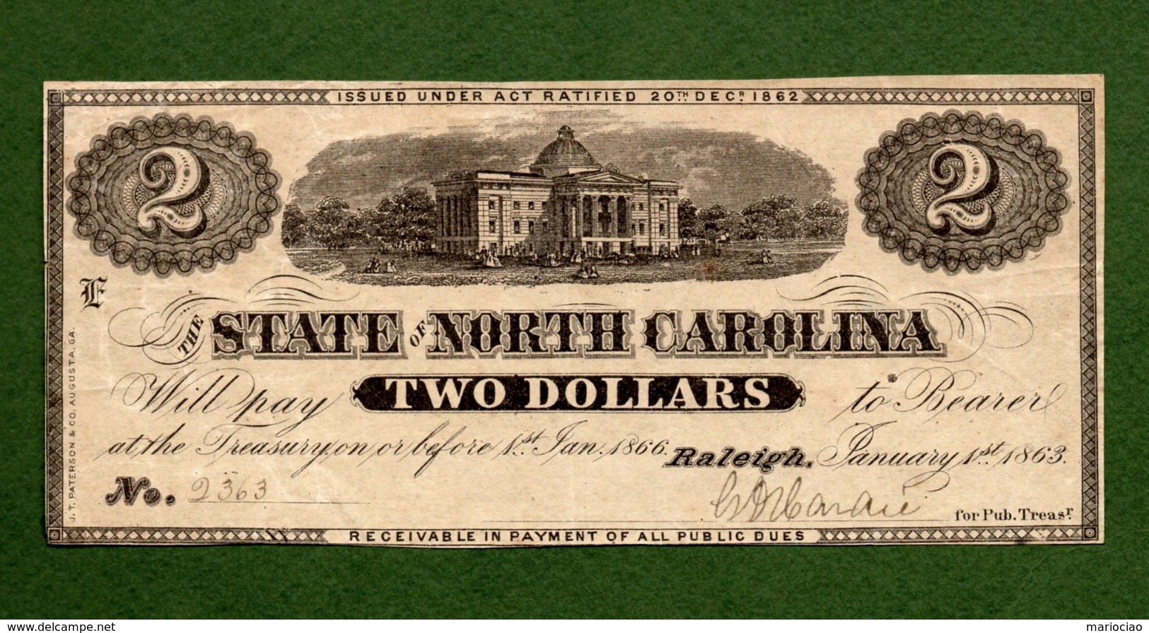 US Note STATE Of NORTH CAROLINA $2 Raleigh 1863 CIVIL WAR ERA Note N.2363 - Devise De La Confédération (1861-1864)