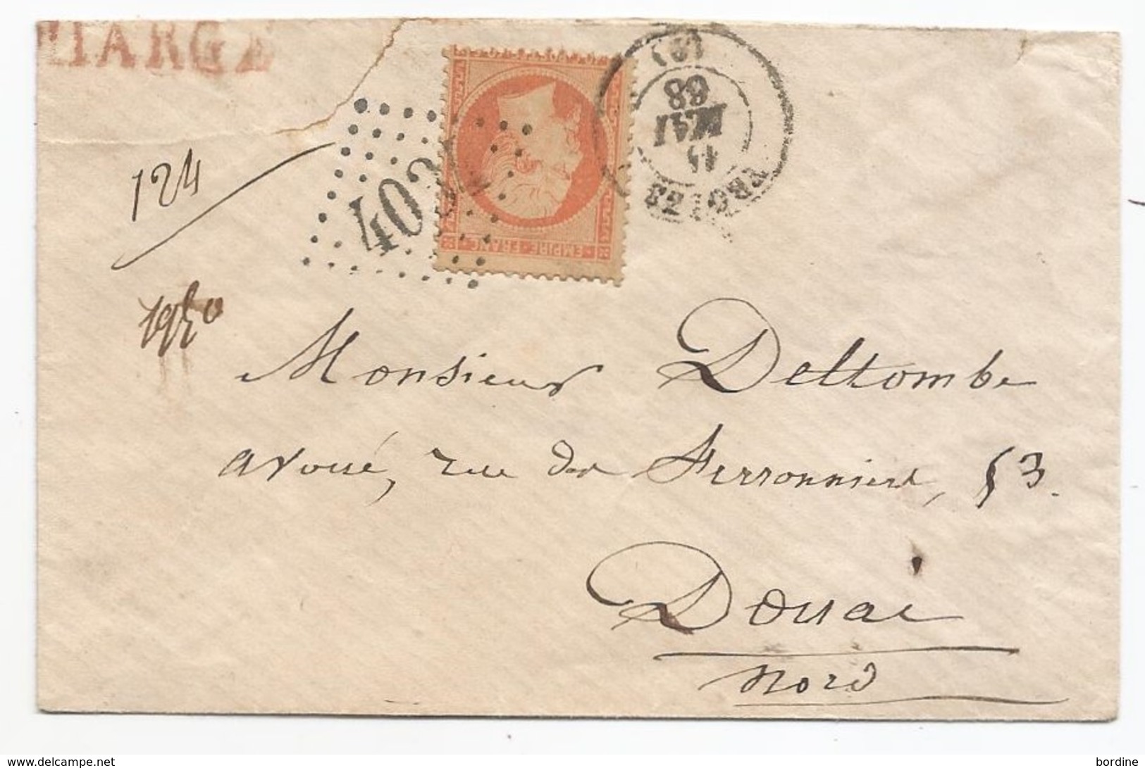 - Lettre - AUBE - TROYES - GC.4037 S/TP Napoléon III N°23 - CHARGE Rouge - Càd T.15 - 1868 - 1862 Napoleon III