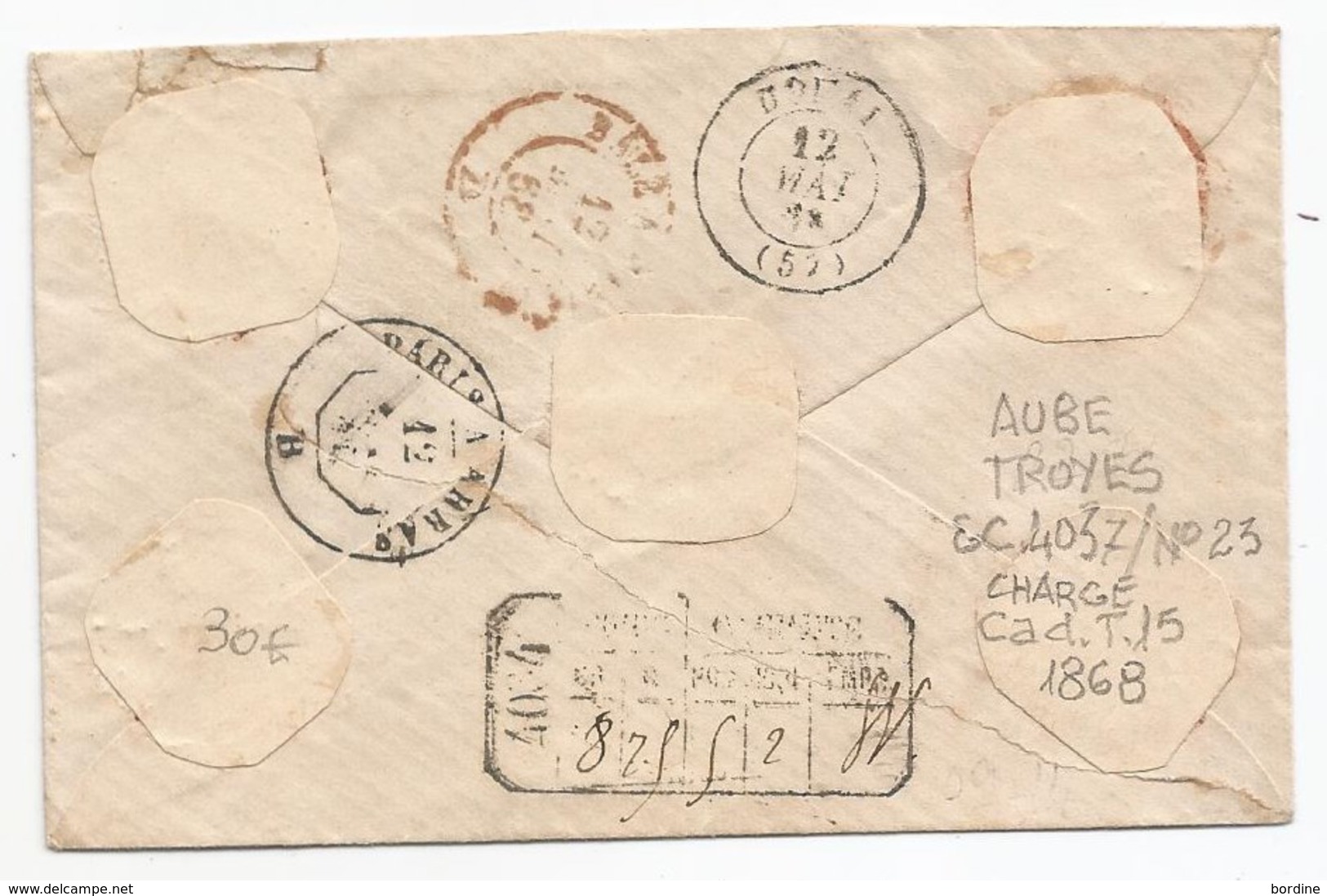 - Lettre - AUBE - TROYES - GC.4037 S/TP Napoléon III N°23 - CHARGE Rouge - Càd T.15 - 1868 - 1862 Napoleon III