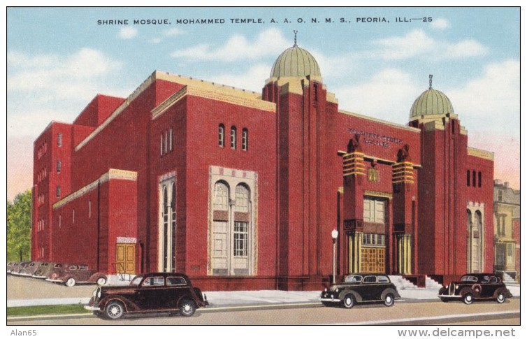 Peoria Illinois, Shrine Mosque Mohammed Temple AAONMS, Street Scene, C1930s/40s Vintage Linen Postcard - Peoria