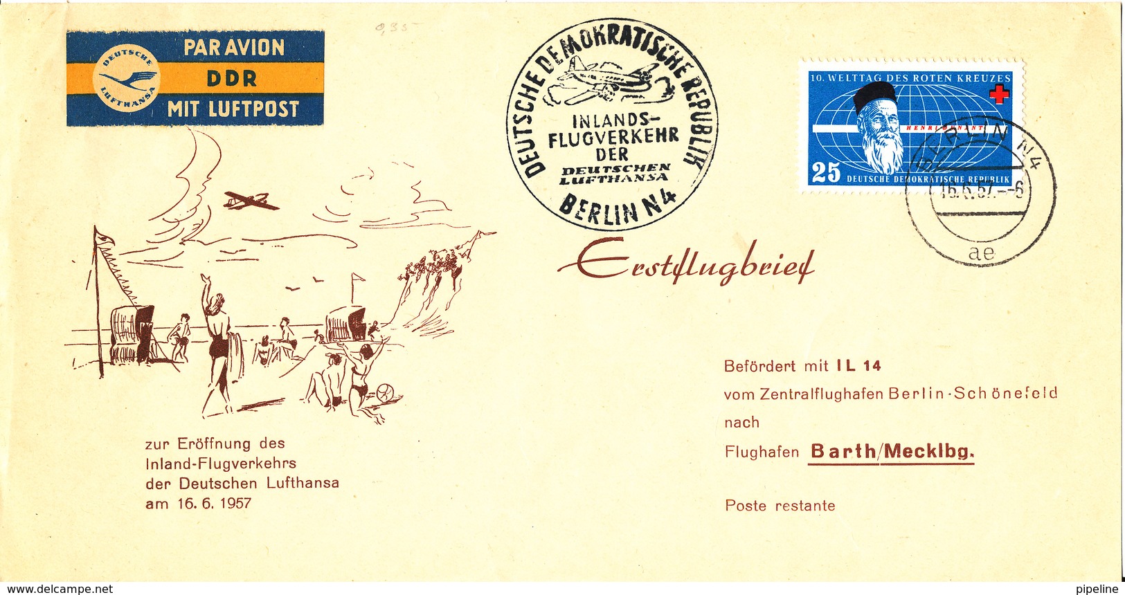 Germany DDR First Flight Berlin - Schönefeld - Barth Meckbg. 16-6-1957 Single Franked Henri Dunant RED CROSS - Lettres & Documents