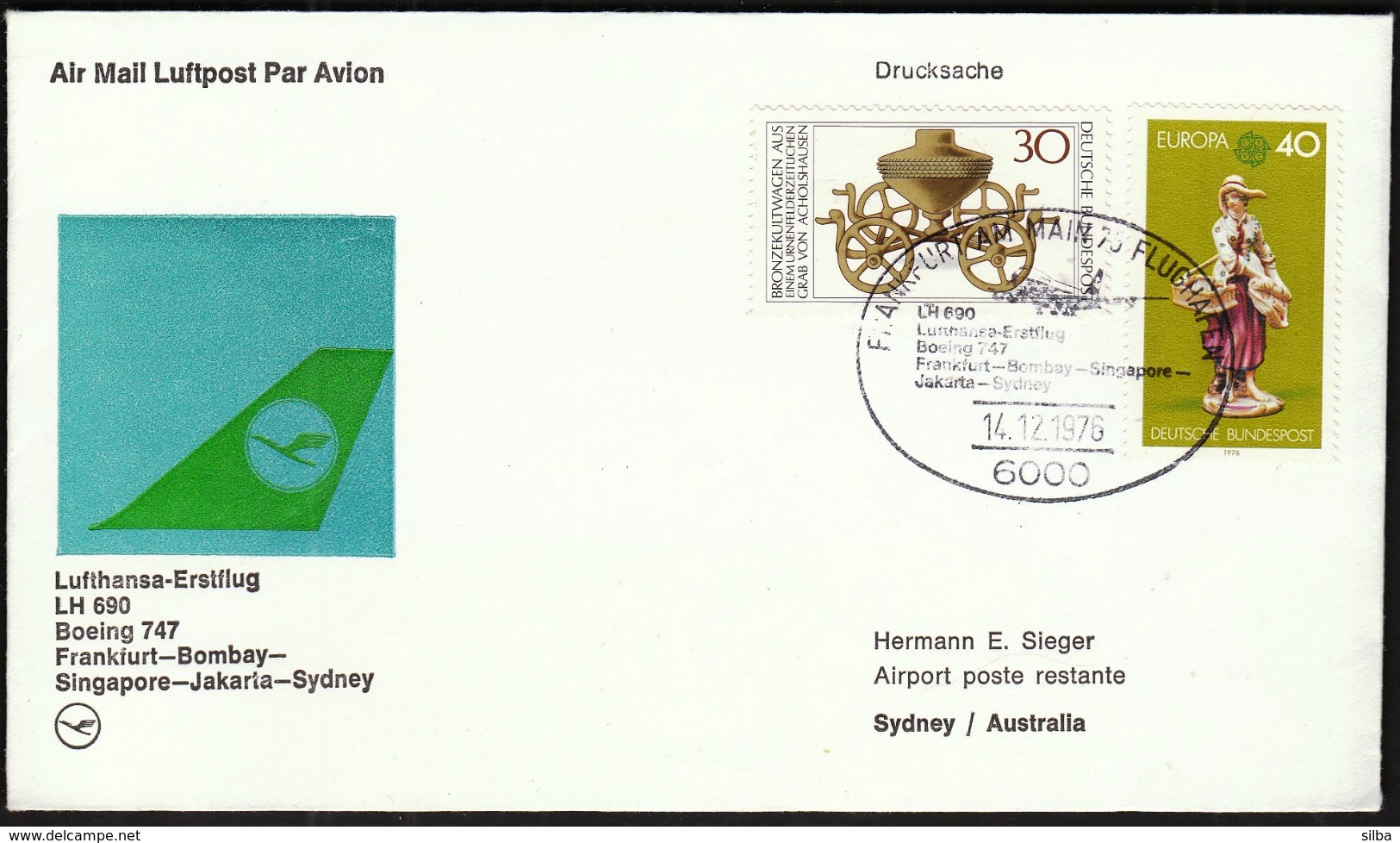 Germany Frankfurt 1976 / Plains / Lufthansa First Flight LH 690 Boeing 747 / Fr - Bombay - Singapore - Jakarta - Sydney - Aviones