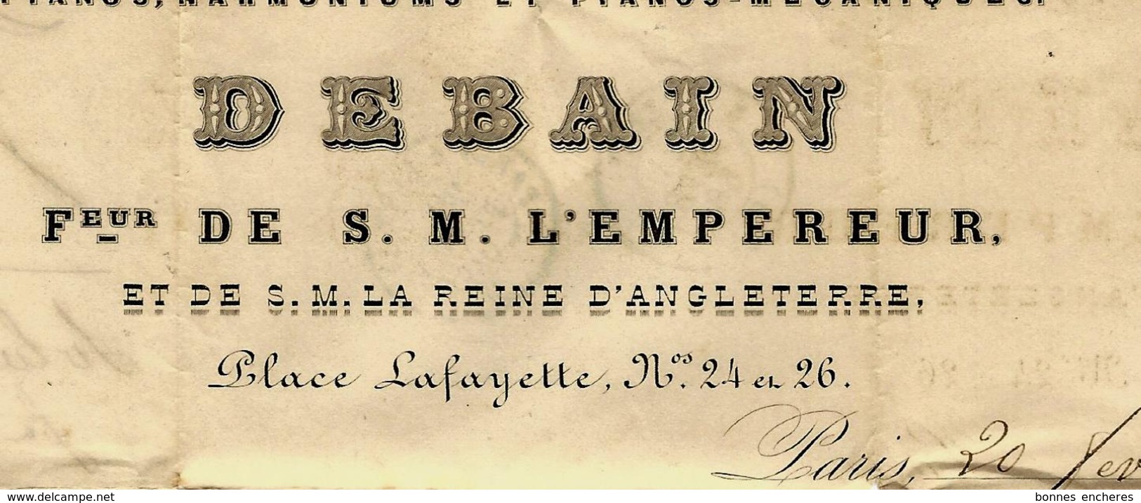 LETTRE SIGNEE ORIGINALE A.DEBAINFABRICANT DE  PIANOS HARMONIUMS PIANOS MECANIQUES à PARIS  1858 V. HISTORIQUE - 1800 – 1899