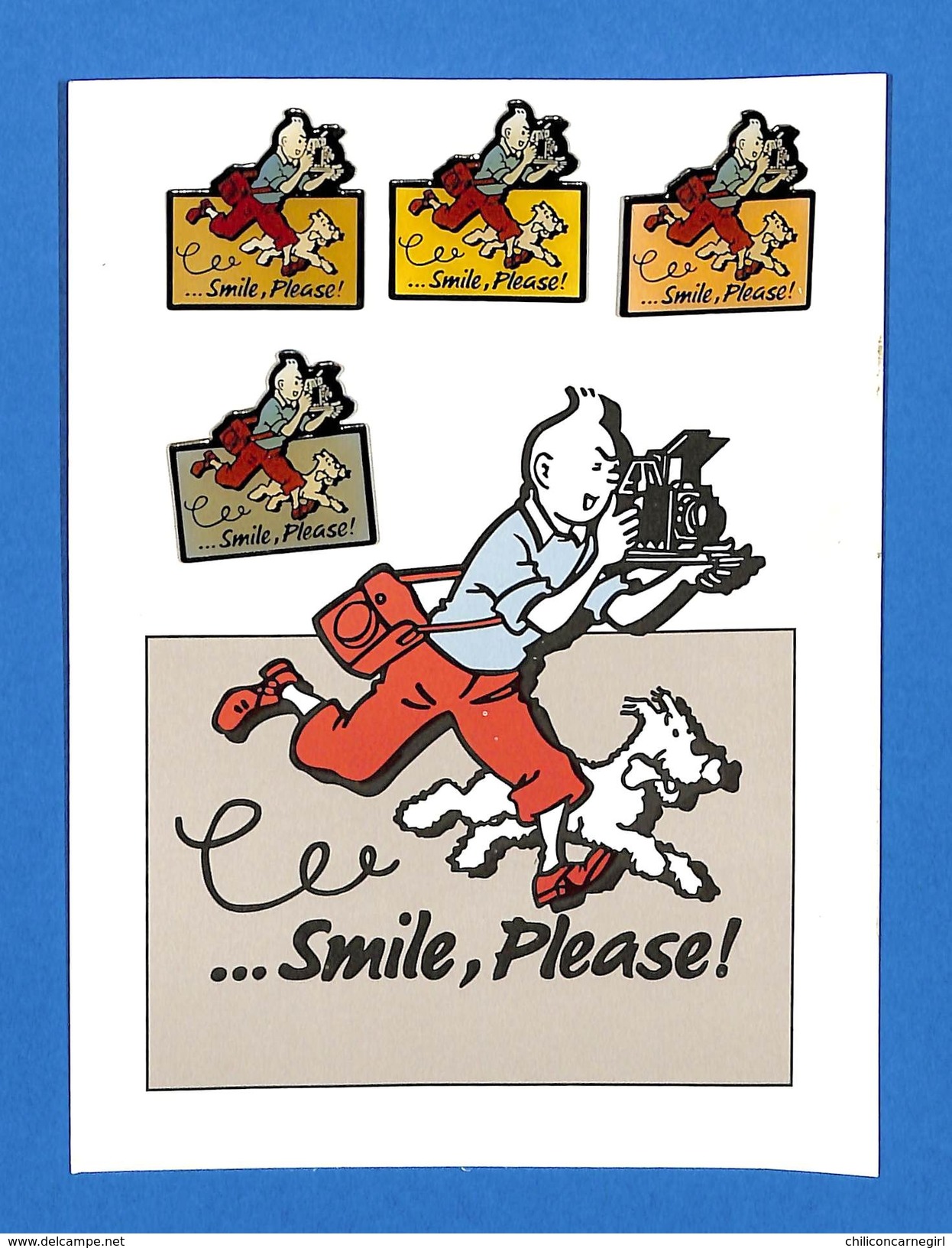 Carte Postale Tintin Avec 4 Pin's - Milou - " Smile, Please " - Color Star Benelux - Hergé Tintin Licensing 1992 - BD