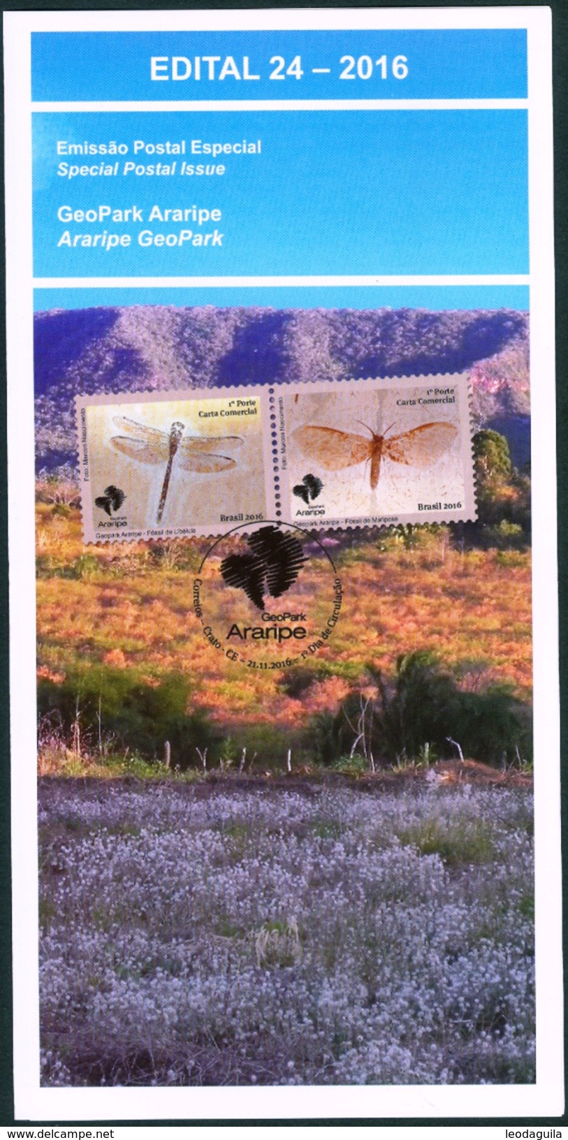 BRAZIL 2016   -  ARARIPE  GEOPARK   - EDICT #24   DRAGONFLY - MOTH FOSSIL - Unused Stamps