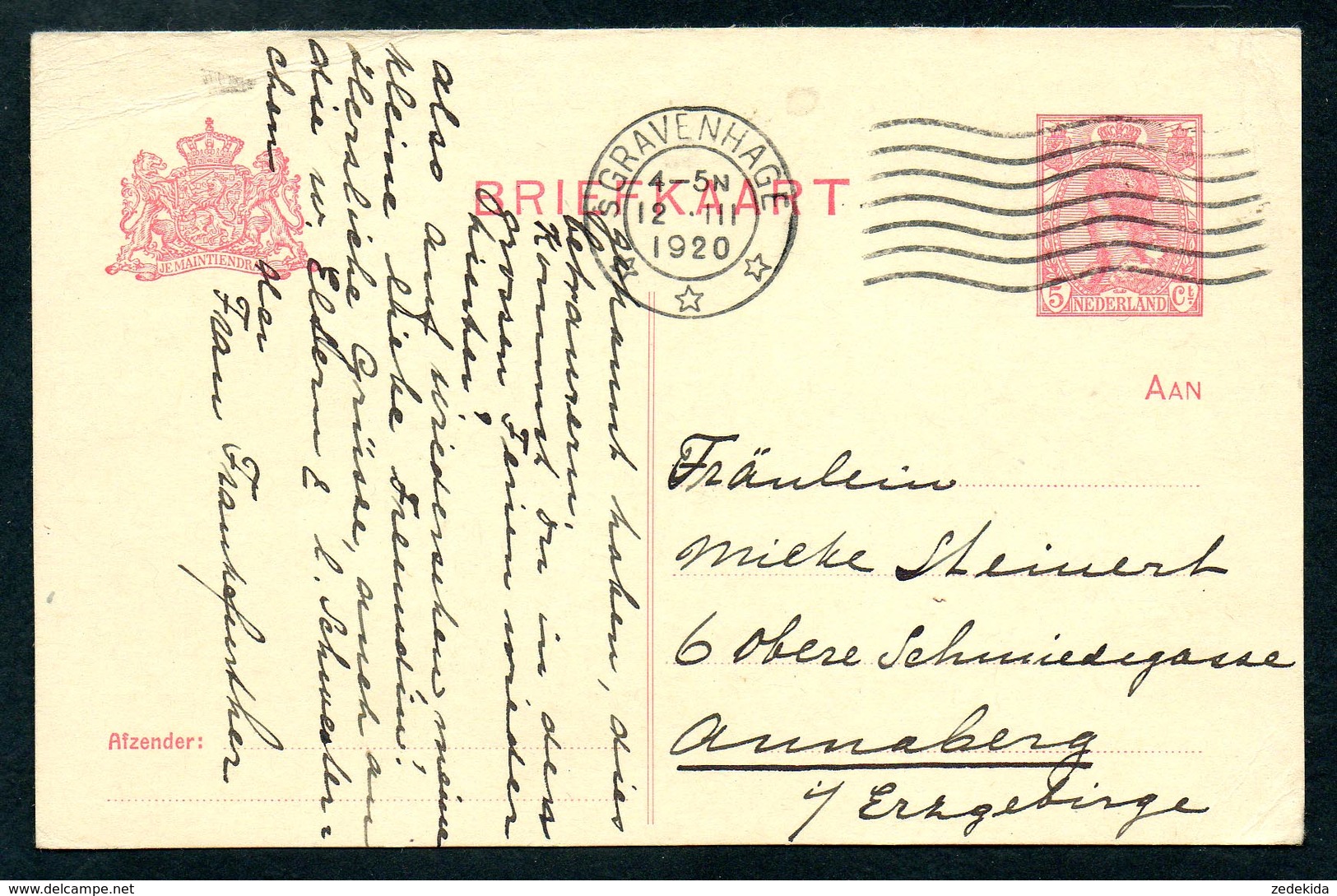 6868 - Alte Postkarte - Ganzsache - Gel 1920 Gravenhage Nach Annaberg - Postal Stationery