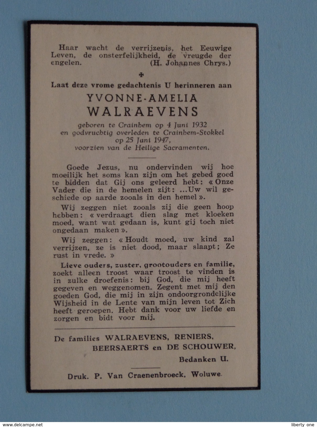 DP Yvonne WALRAEVENS () Crainhem 4 Juni 1932 - Crainhem-Stokkel 25 Juni 1947 ( Zie Foto´s ) ! - Religión & Esoterismo