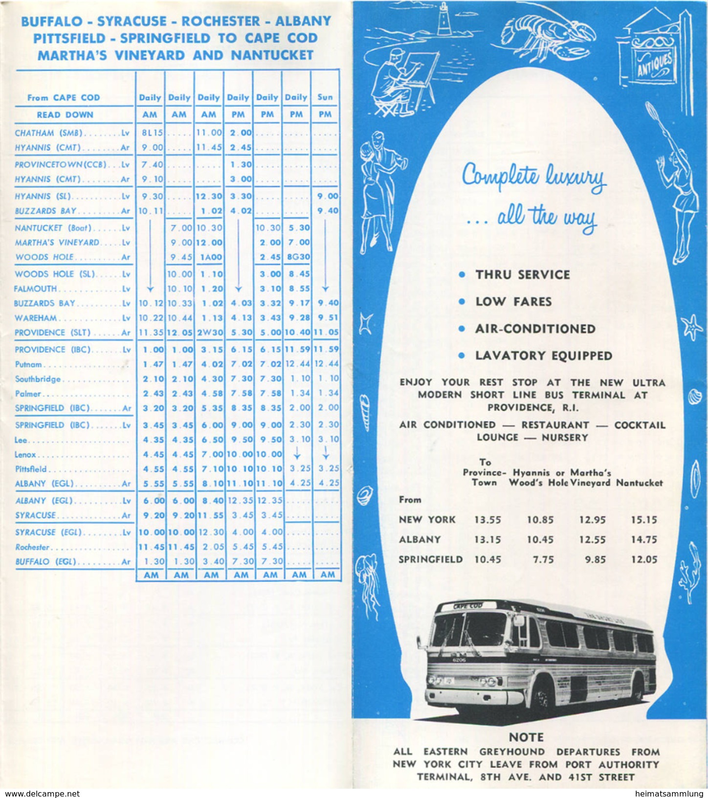 Time Table 1966 - Eastern Greyhound Lines - The Short Line INC. - Thru Express Service New York-Cape Cod - Fahrplan - Mundo