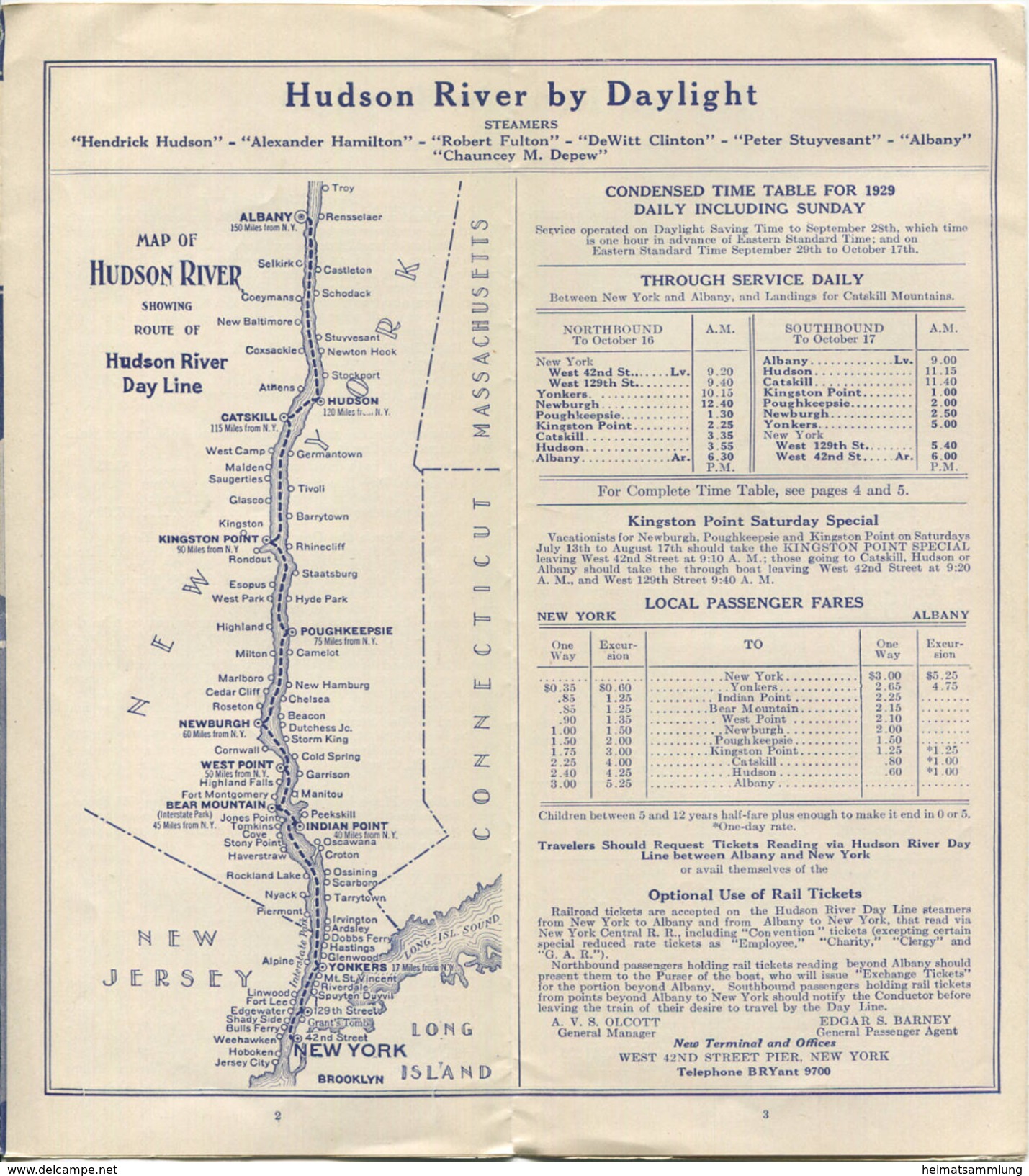 Time Table 1929 - Hudson River Day Line - Fahrplan Faltblatt - Mondo