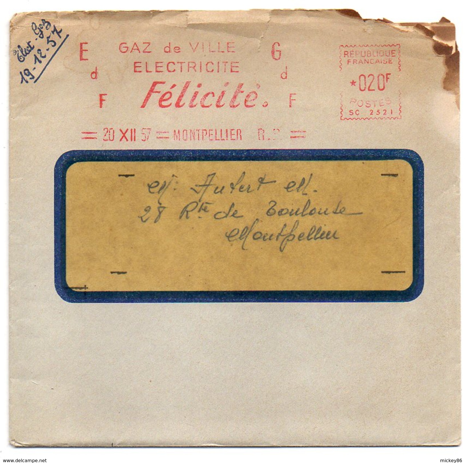 1957--EMA--MONTPELLIER-34---Gaz De Ville-Electricité--"Félicité"  Machine SC 2521 Sur Lettre Format  15cm X 14cm - EMA (Empreintes Machines à Affranchir)