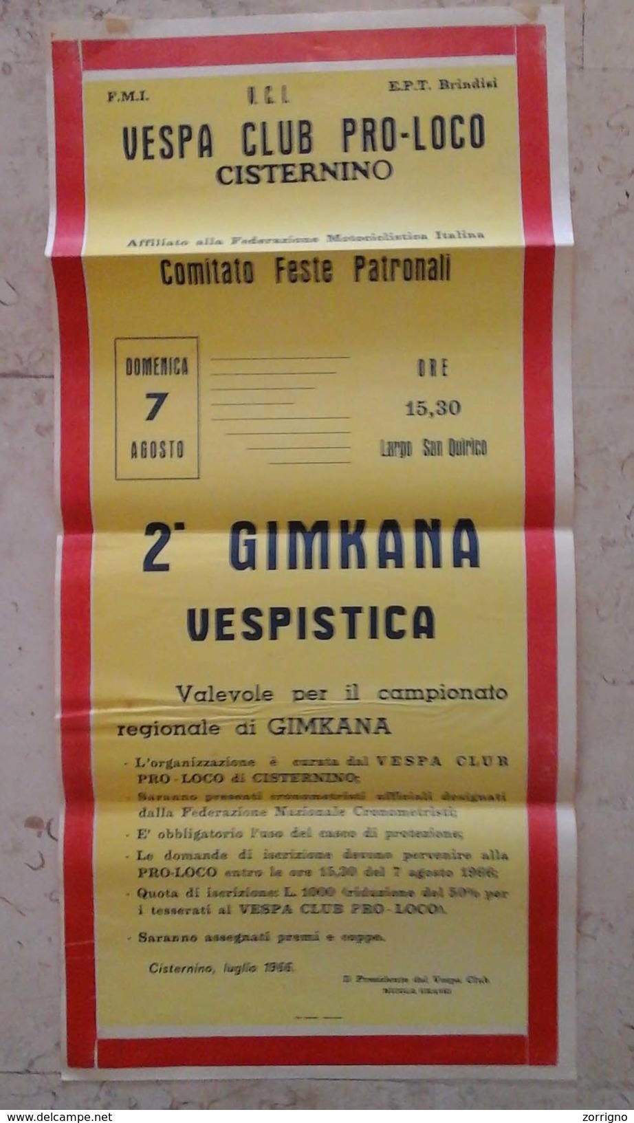 Manifesto Cm. 30 X 60 Circa Del VESPA CLUB Pro Loco Di Cisternino - II Gimkana Vespistica 1966 - Manifesti