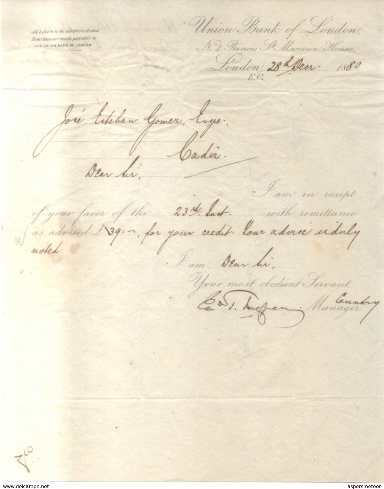 LETTER UNION BANK OF LONDON TO CADIZ CADIX SPAIN ANS 1880-1881 AVEC STANLEY GIBBONS NR. 142 PLATE 20 CORRESPONDANCE - Lettres & Documents