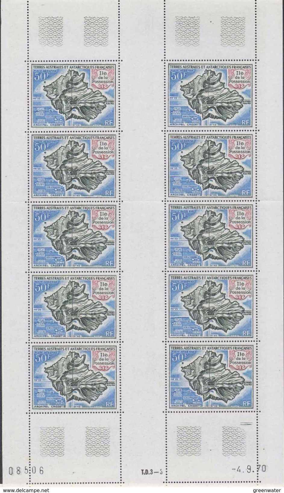 TAAF 1971 Ile De La Possession 1v Sheetlet Of 10 ** Mnh (TA502A) - Luchtpost