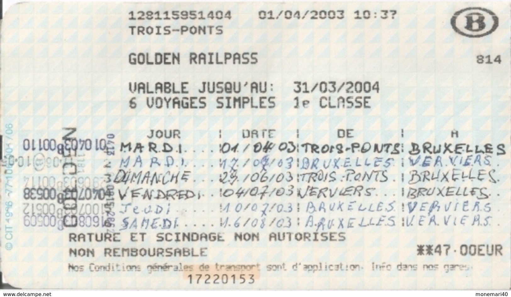 SNCB - GOLDEN RAILPASS  - Carte Pour 6 Voyages Pour Les Plus De 60 Ans (2003) - Europe