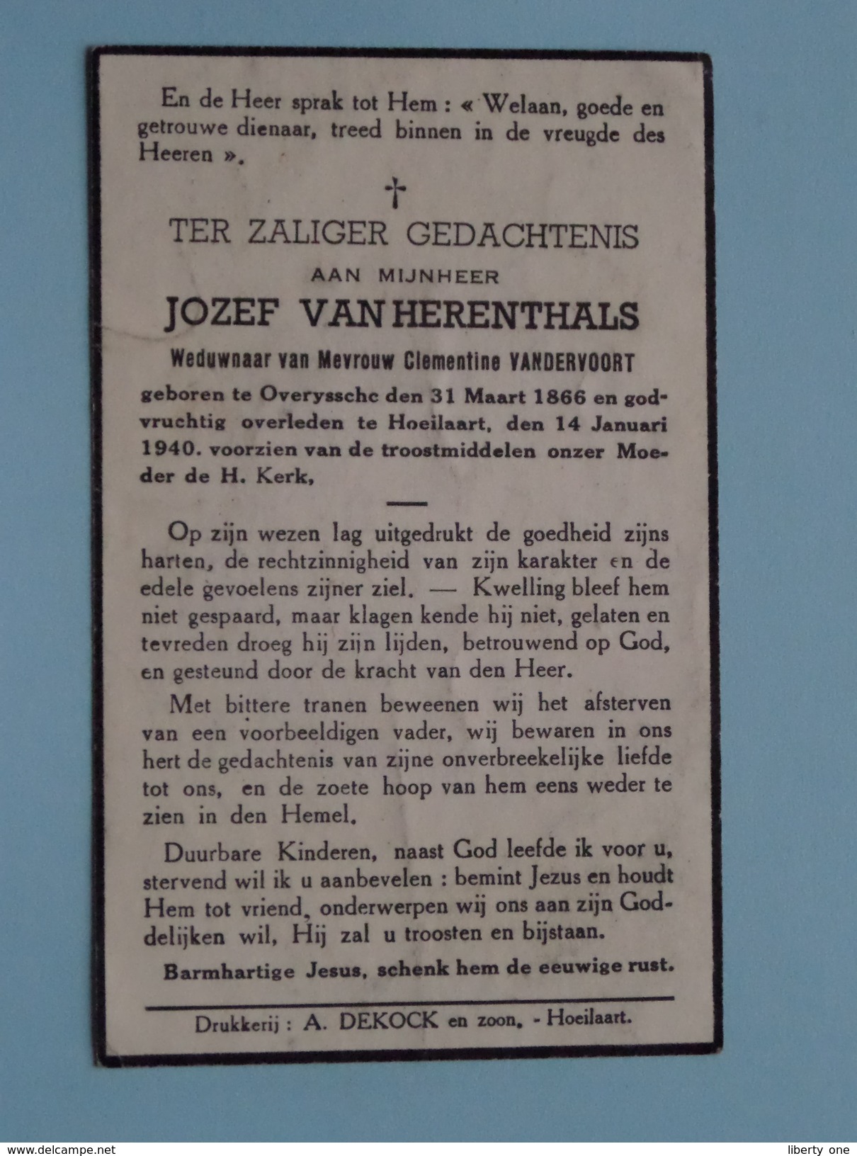 DP Jozef Van HERENTHALS ( Vandervoort ) Overyssche 31 Maart 1866 - Hoeilaart 14 Jan 1940 ( Zie Foto´s ) ! - Religión & Esoterismo