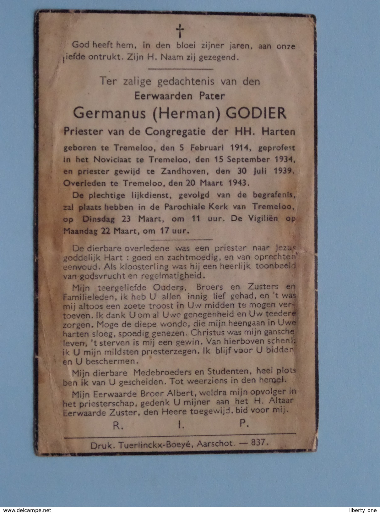 DP Eerwaarden Pater Germanus (Herman) GODIER ( PRIESTER ) Tremeloo 5 Feb 1914 - 20 Maart 1943 ( Vuil / Zie Foto´s ) ! - Religion & Esotericism