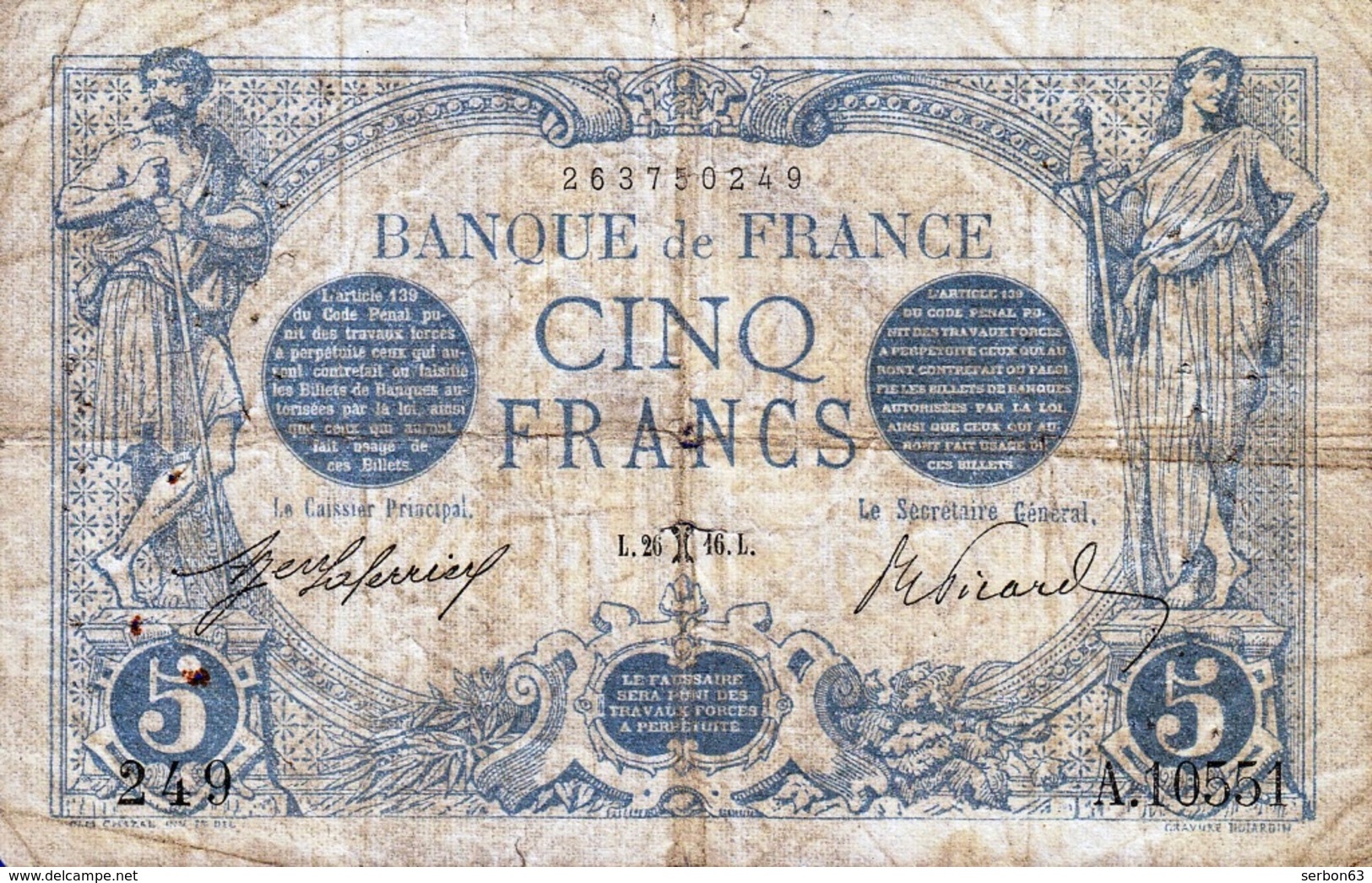 5 FRANCS BLEU TYPE 1905 BILLET BANQUE DE FRANCE ALPHABET A.10551 N° 249 DU L. 26 FEVRIER 1916.L NI LAVE NI REPASSE - 5 F 1912-1917 ''Bleu''